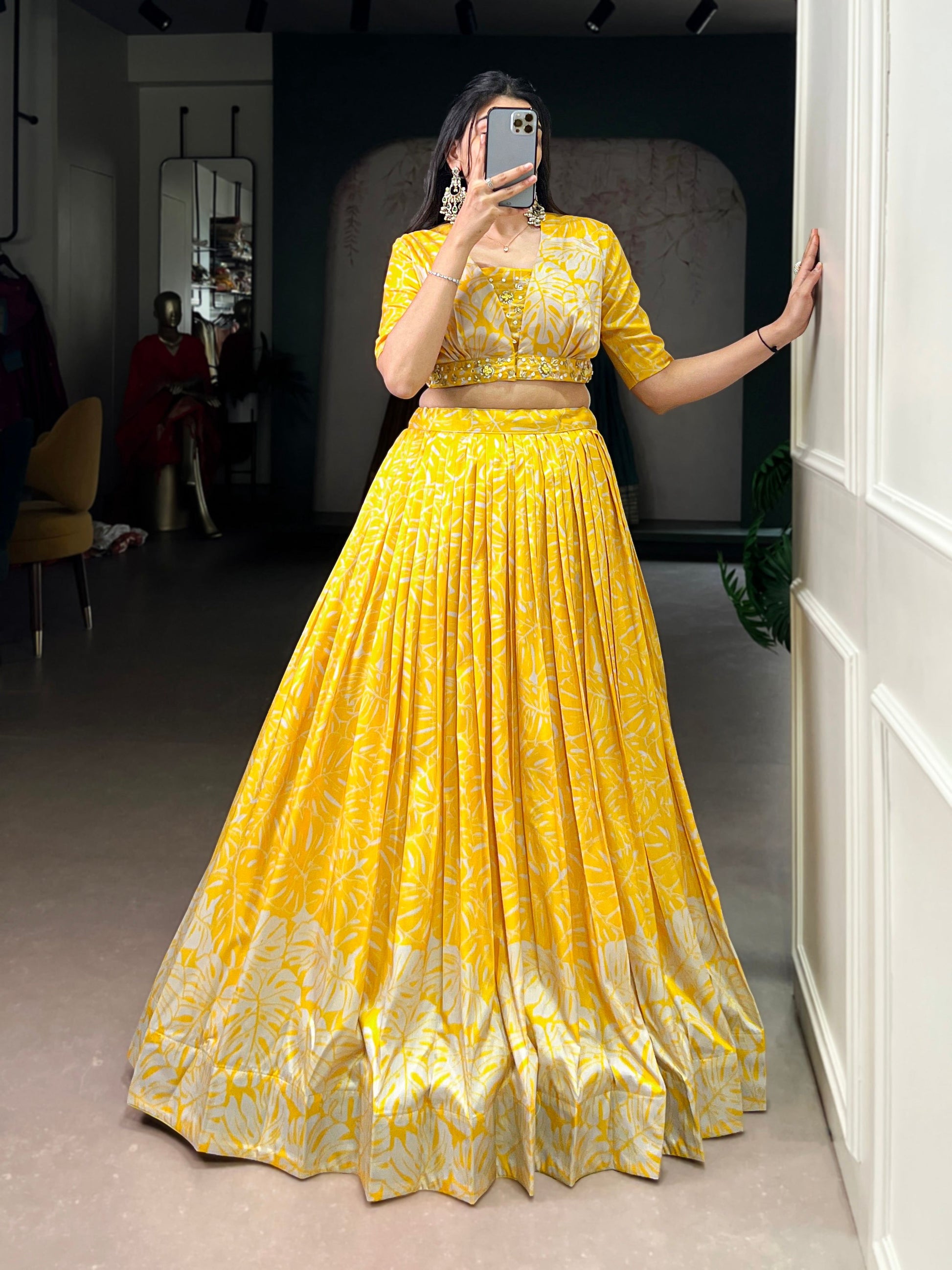 Lorenvalley Fashion Yellow Tussar Silk Printed Lehenga Choli with Koti - Swadesiicart