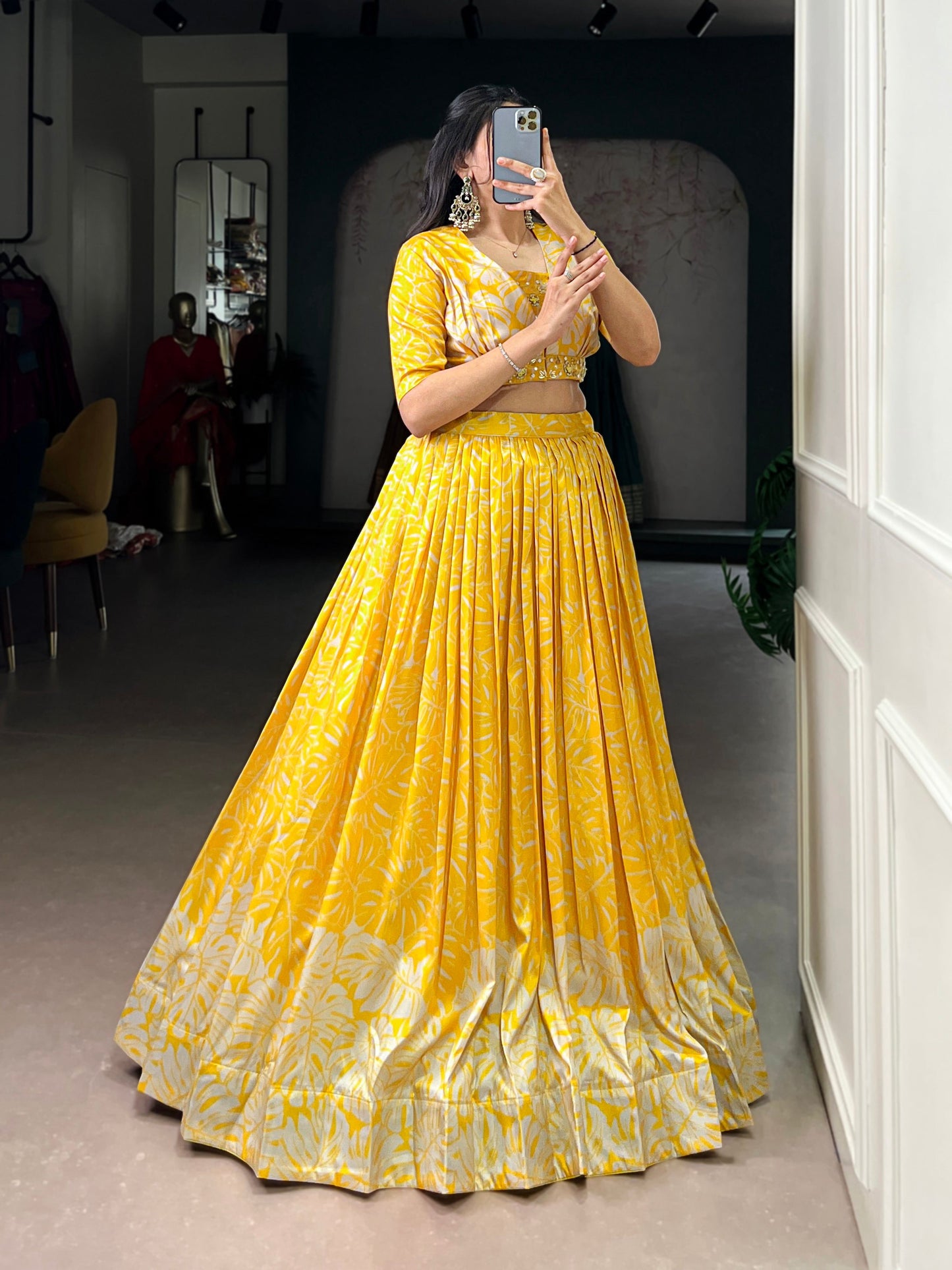 Lorenvalley Fashion Yellow Tussar Silk Printed Lehenga Choli with Koti - Swadesiicart