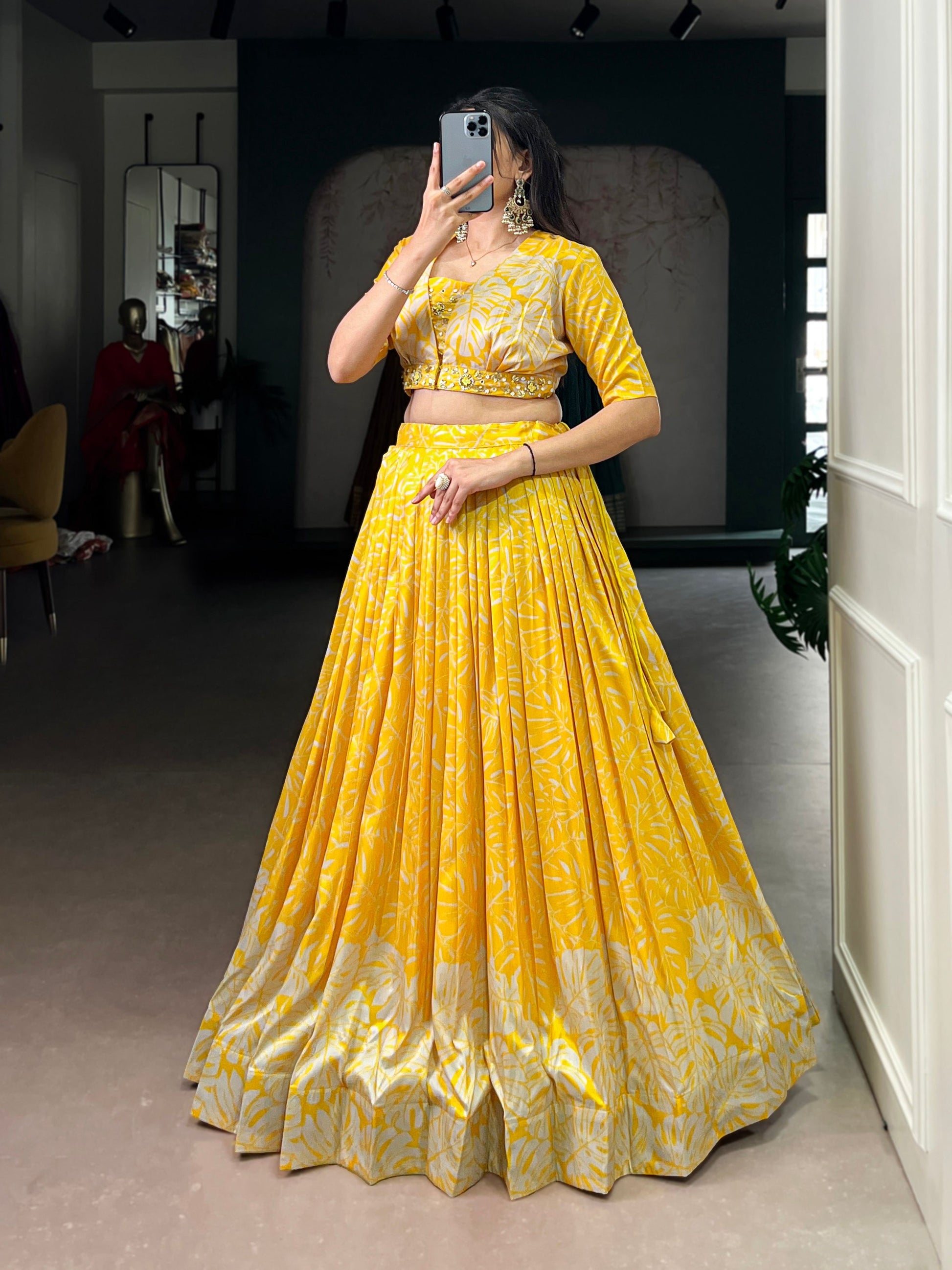 Lorenvalley Fashion Yellow Tussar Silk Printed Lehenga Choli with Koti - Swadesiicart