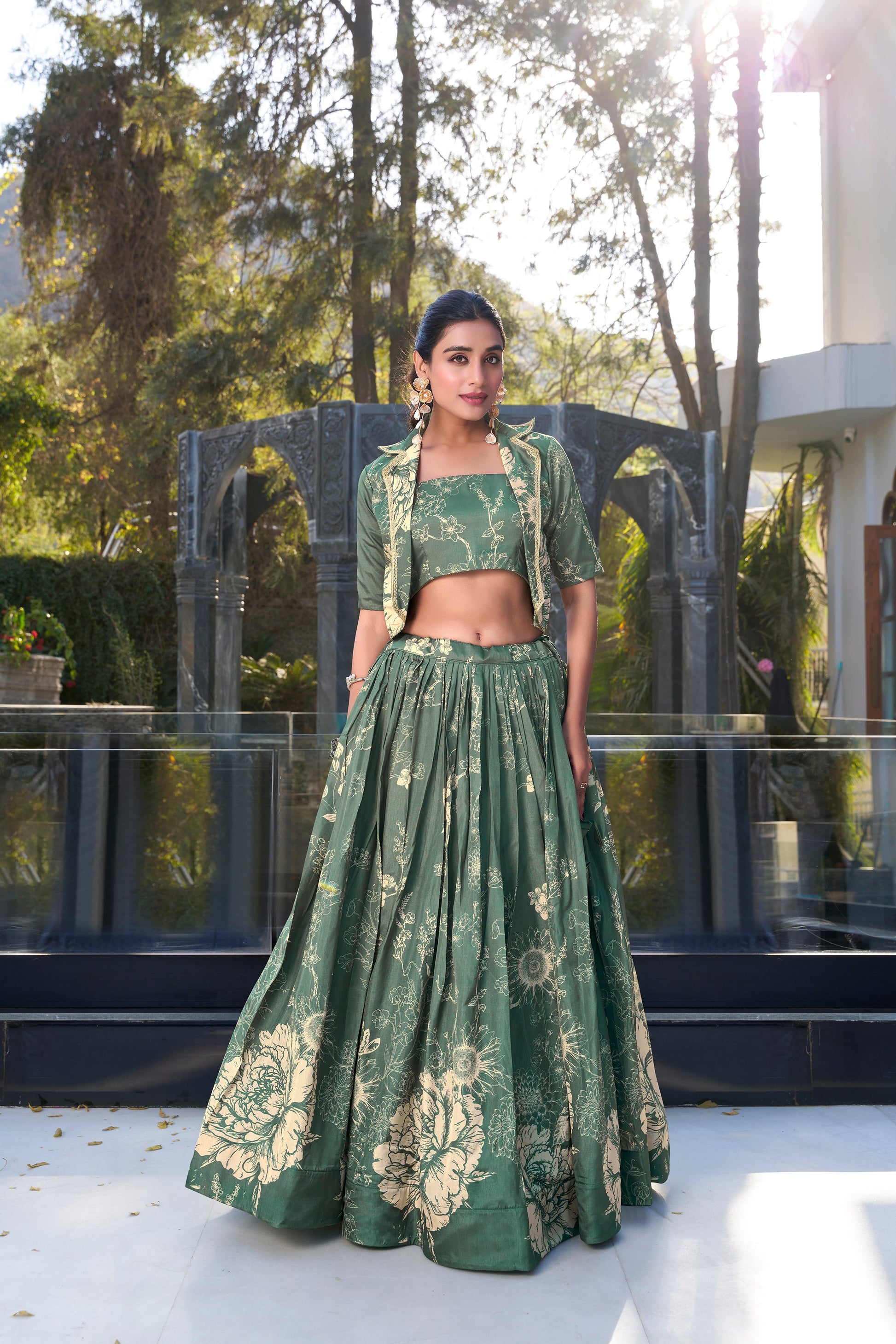 Lorenvalley Green Tussar Silk Floral Print Lehenga Choli with Koti | Swadesiicart