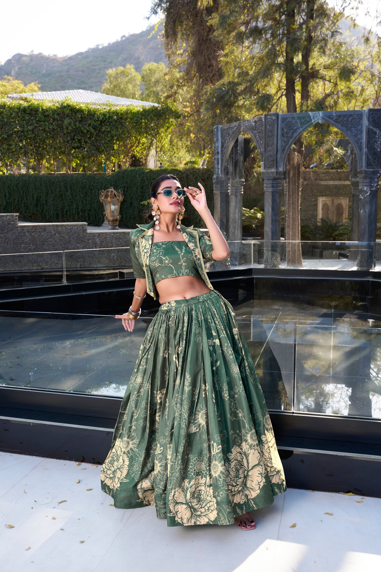 Lorenvalley Green Tussar Silk Floral Print Lehenga Choli with Koti | Swadesiicart
