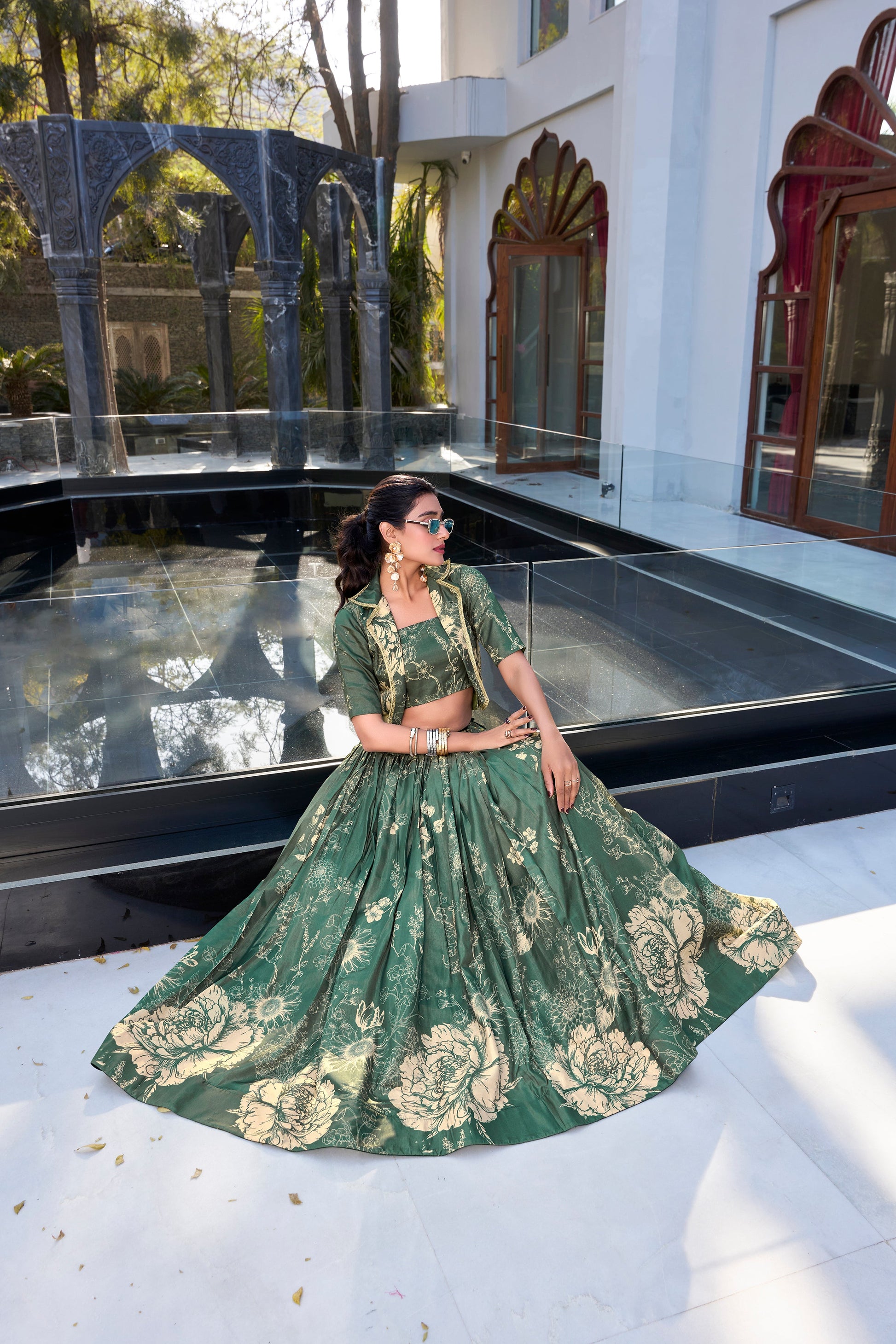 Lorenvalley Green Tussar Silk Floral Print Lehenga Choli with Koti | Swadesiicart