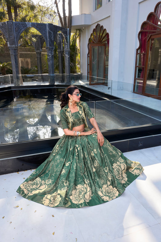 Lorenvalley Green Tussar Silk Floral Print Lehenga Choli with Koti | Swadesiicart