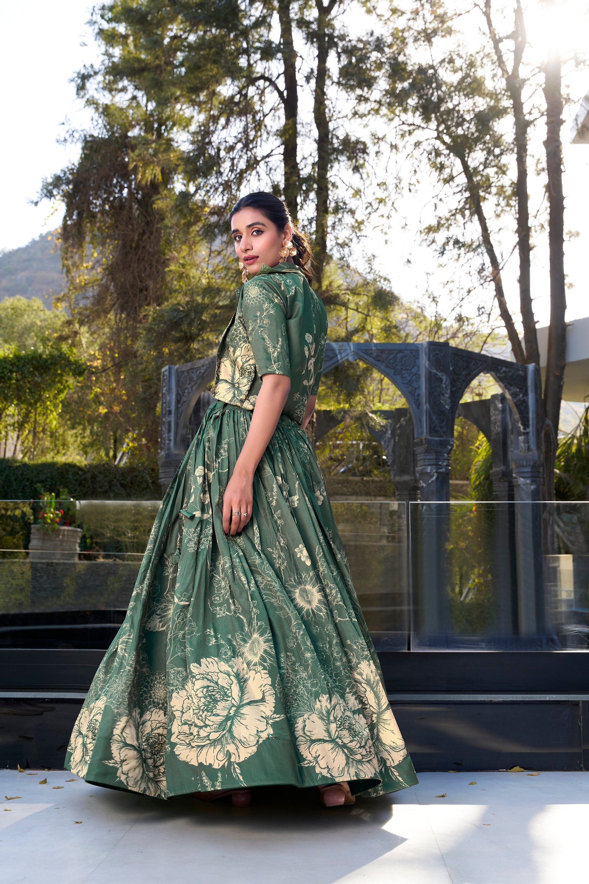 Lorenvalley Green Tussar Silk Floral Print Lehenga Choli with Koti | Swadesiicart