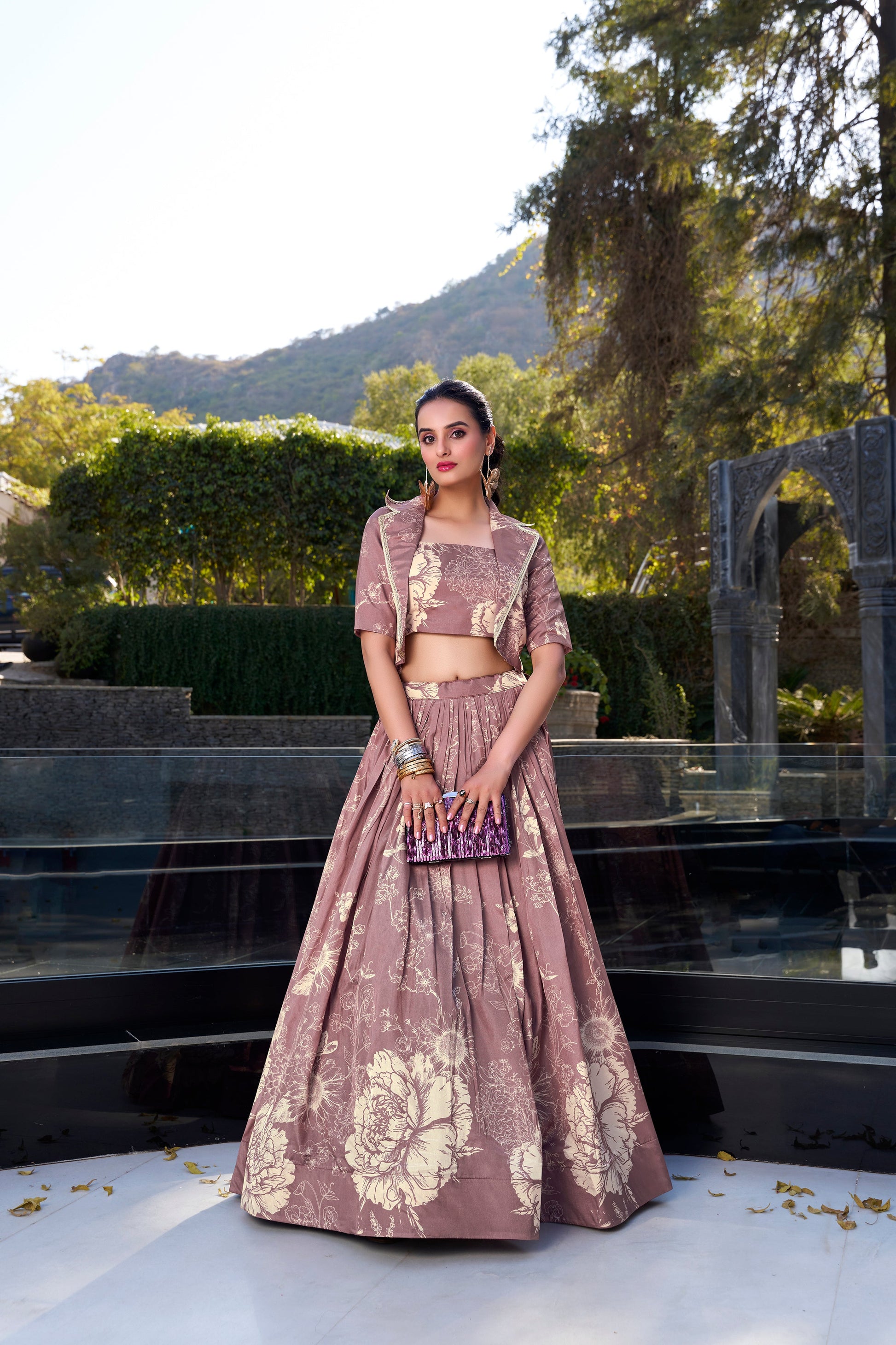 Lorenvalley Onionpink Tussar Silk Floral Print Lehenga Choli with Koti | Swadesiicart