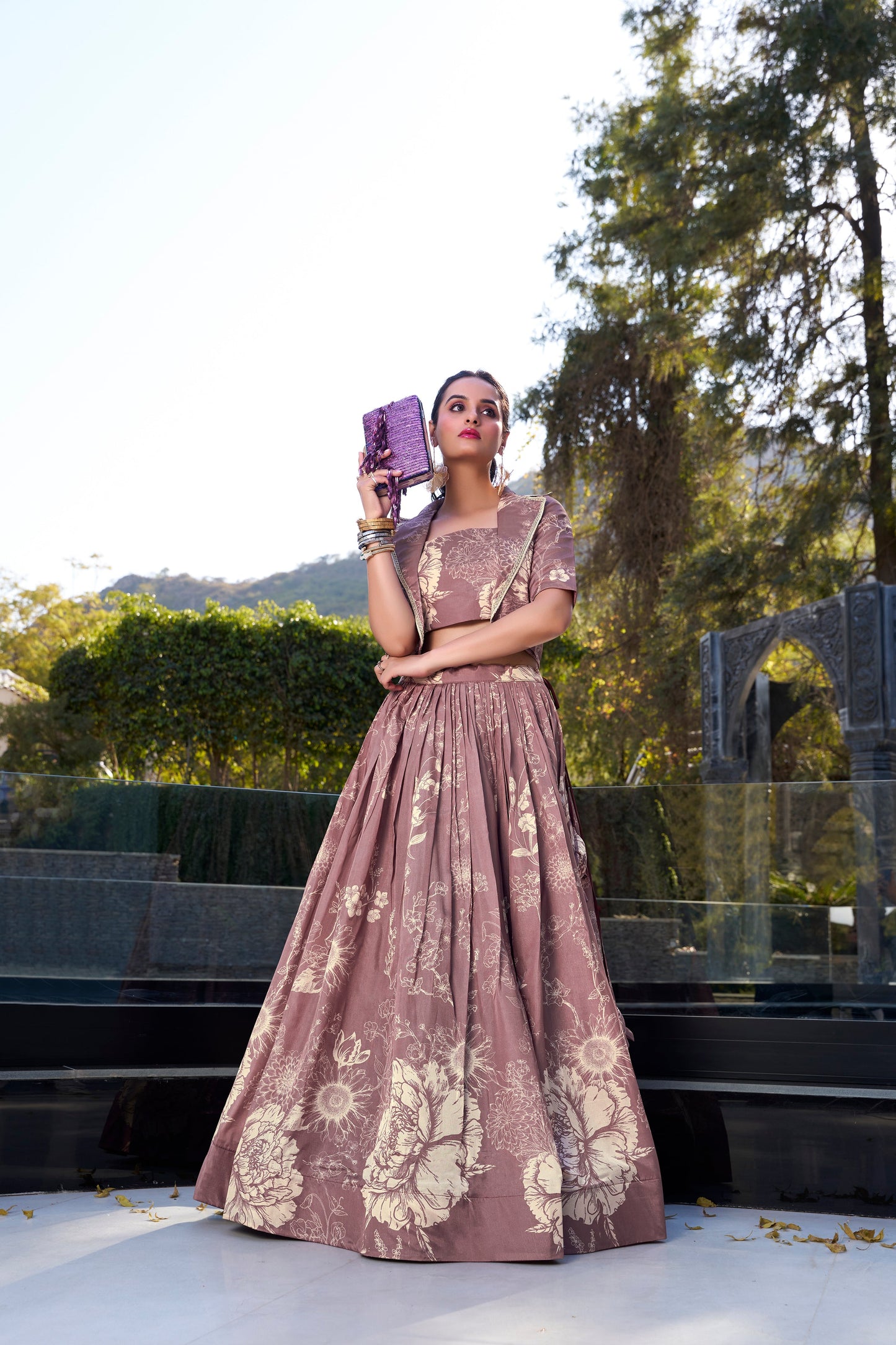 Lorenvalley Onionpink Tussar Silk Floral Print Lehenga Choli with Koti | Swadesiicart