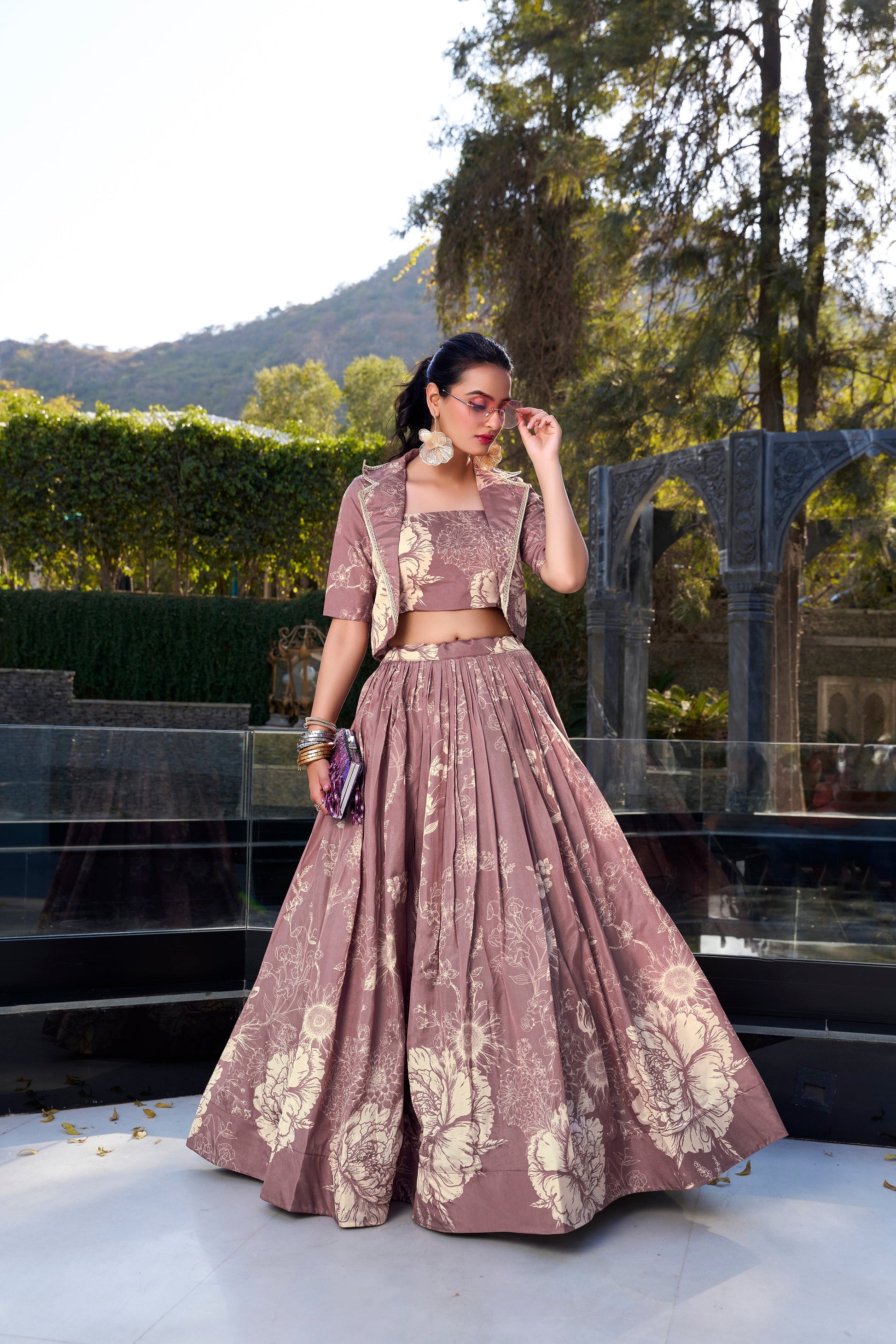 Lorenvalley Onionpink Tussar Silk Floral Print Lehenga Choli with Koti | Swadesiicart
