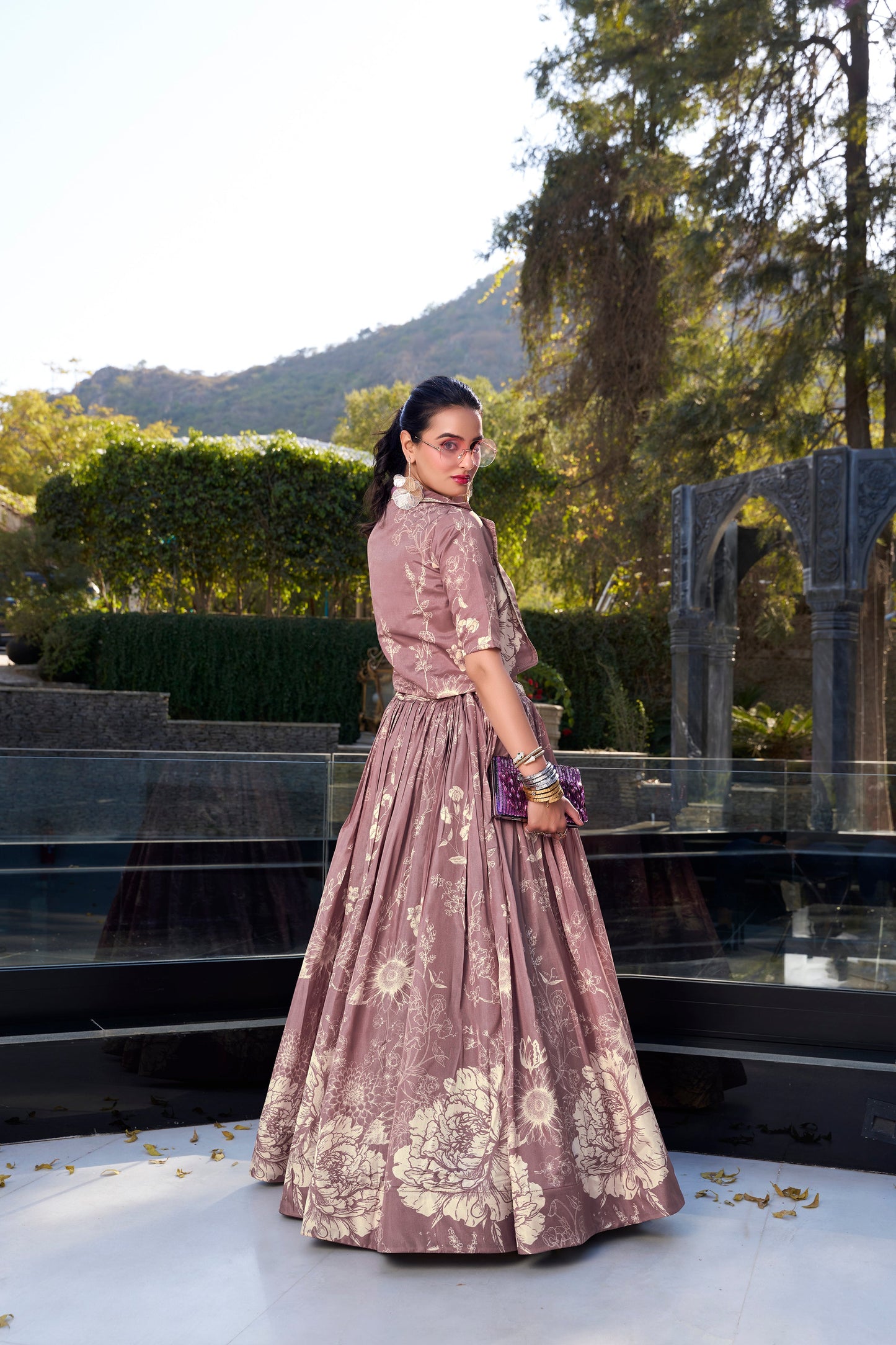 Lorenvalley Onionpink Tussar Silk Floral Print Lehenga Choli with Koti | Swadesiicart