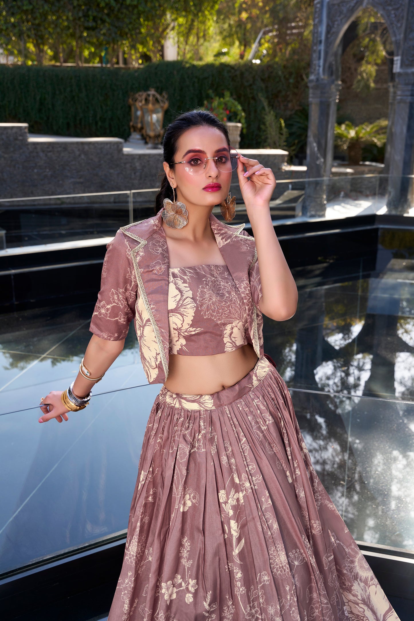 Lorenvalley Onionpink Tussar Silk Floral Print Lehenga Choli with Koti | Swadesiicart
