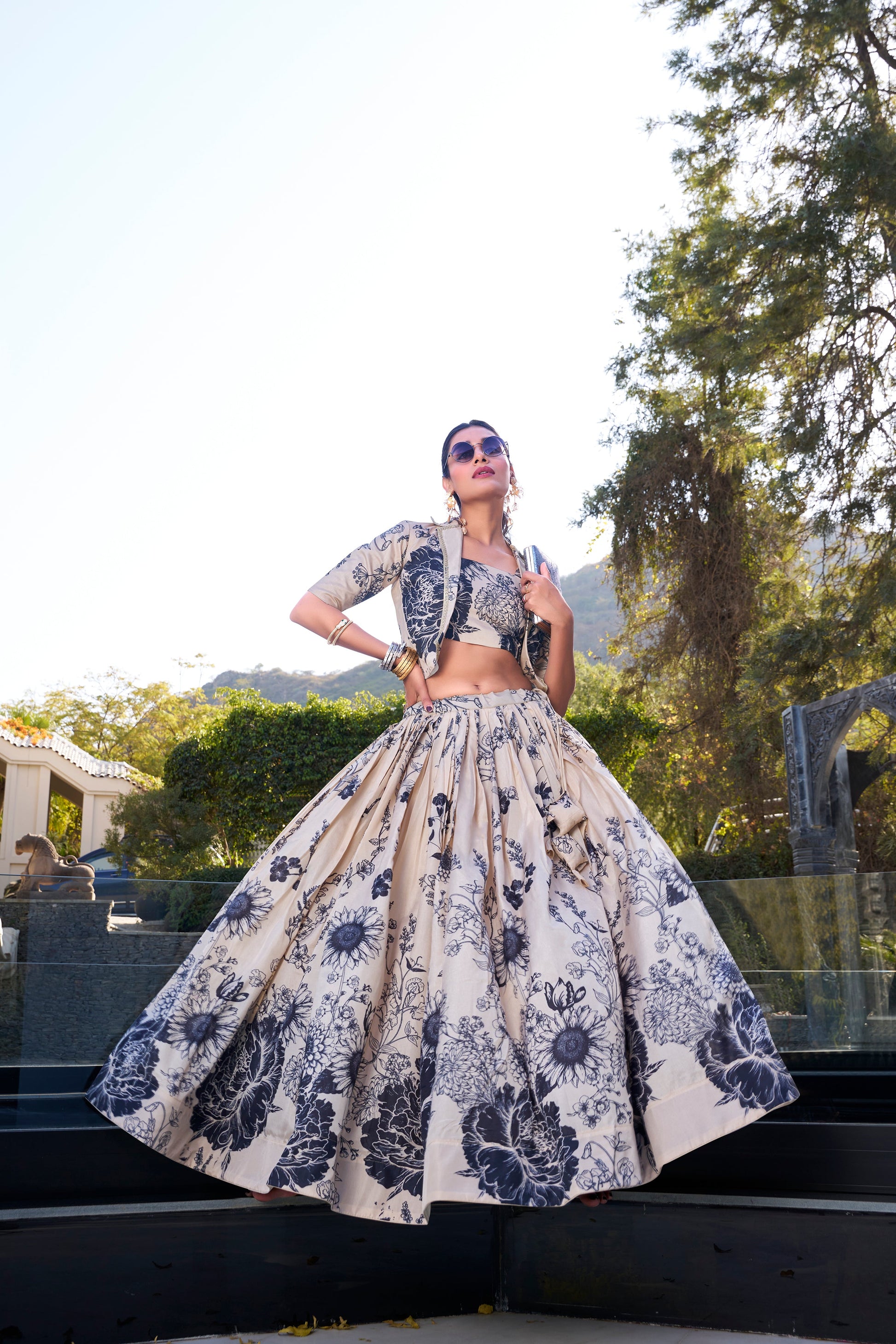 Lorenvalley Offwhite Tussar Silk Floral Print Lehenga Choli with Koti | Swadesiicart