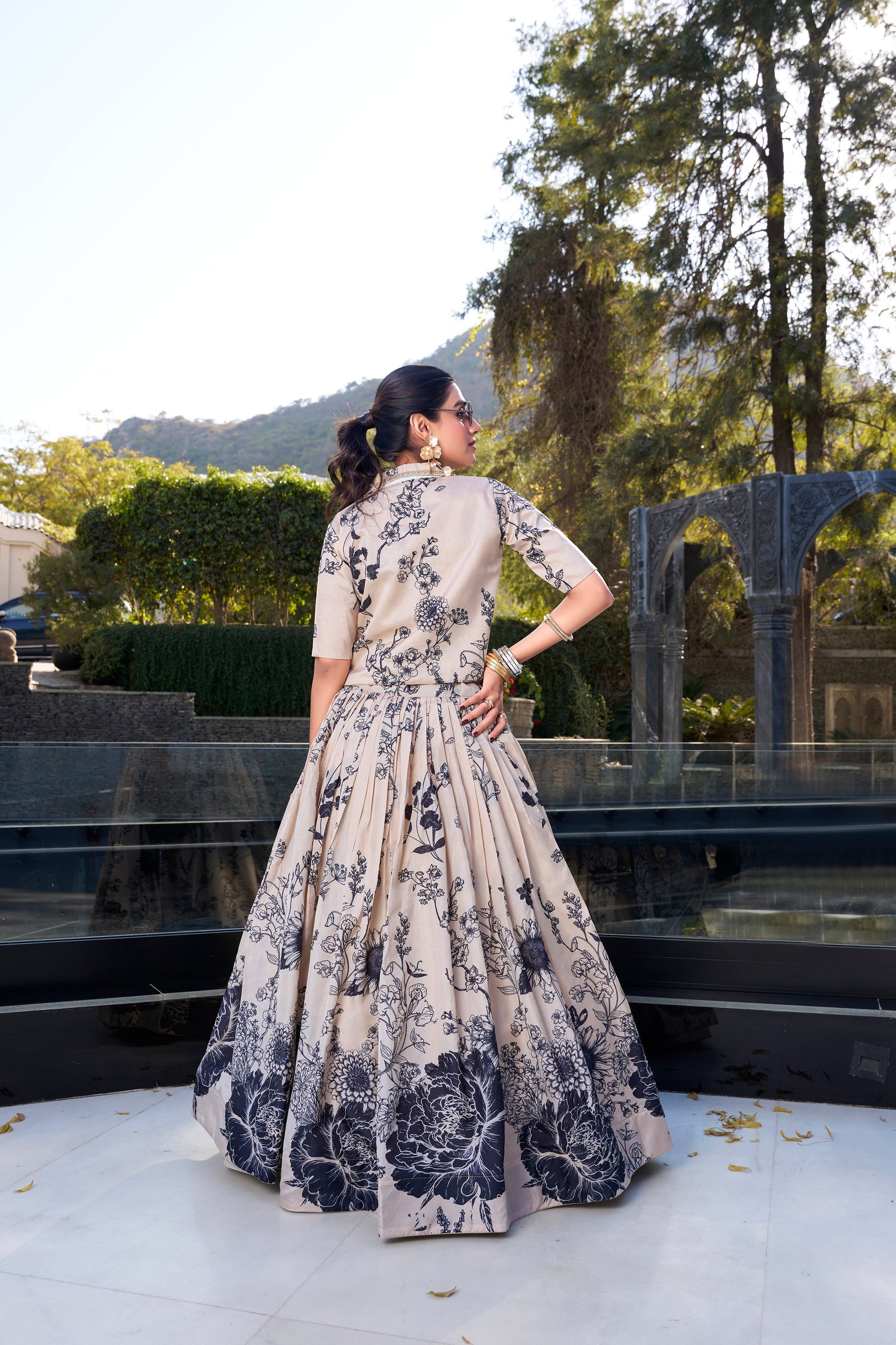 Lorenvalley Offwhite Tussar Silk Floral Print Lehenga Choli with Koti | Swadesiicart