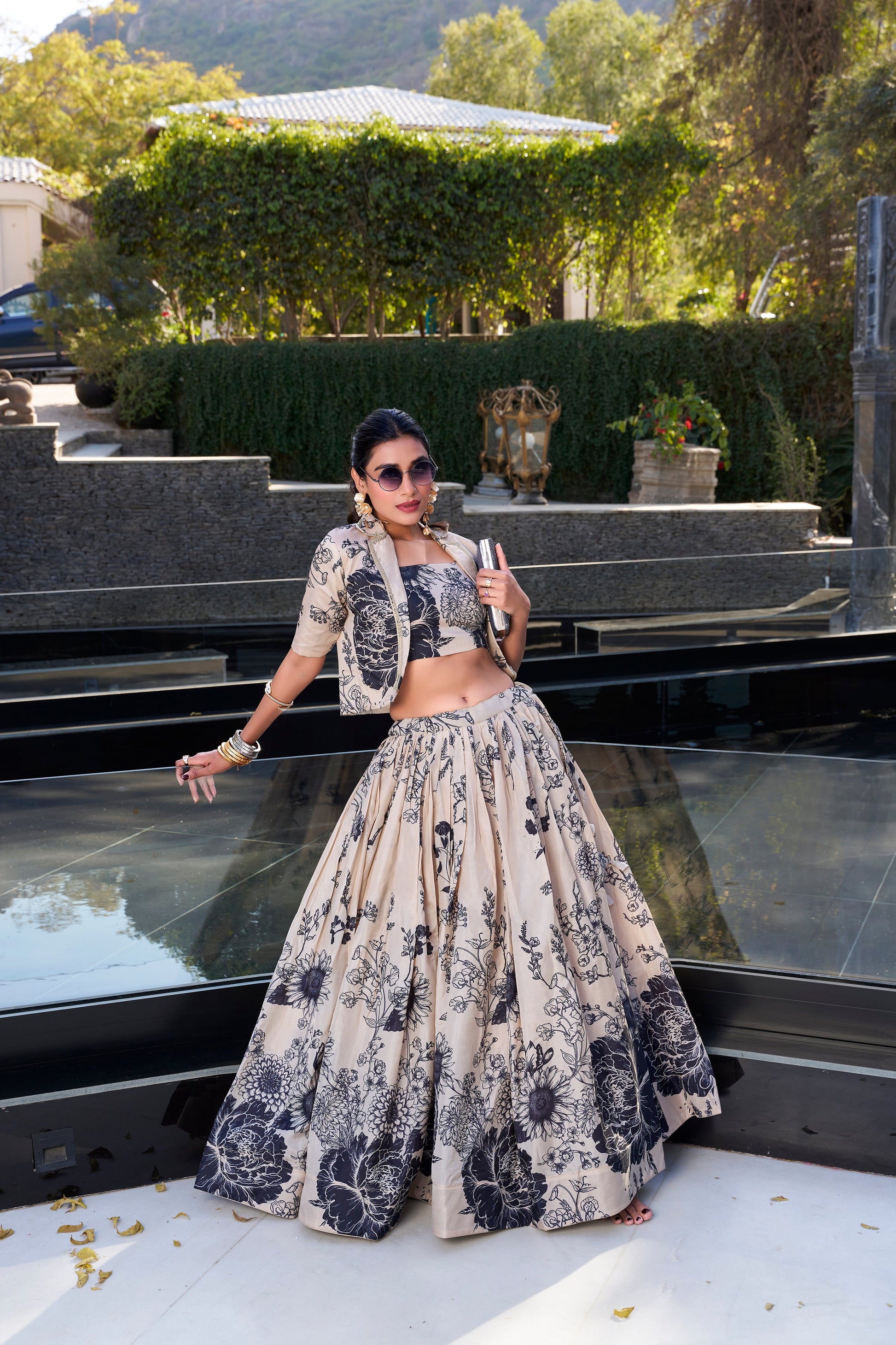 Lorenvalley Offwhite Tussar Silk Floral Print Lehenga Choli with Koti | Swadesiicart