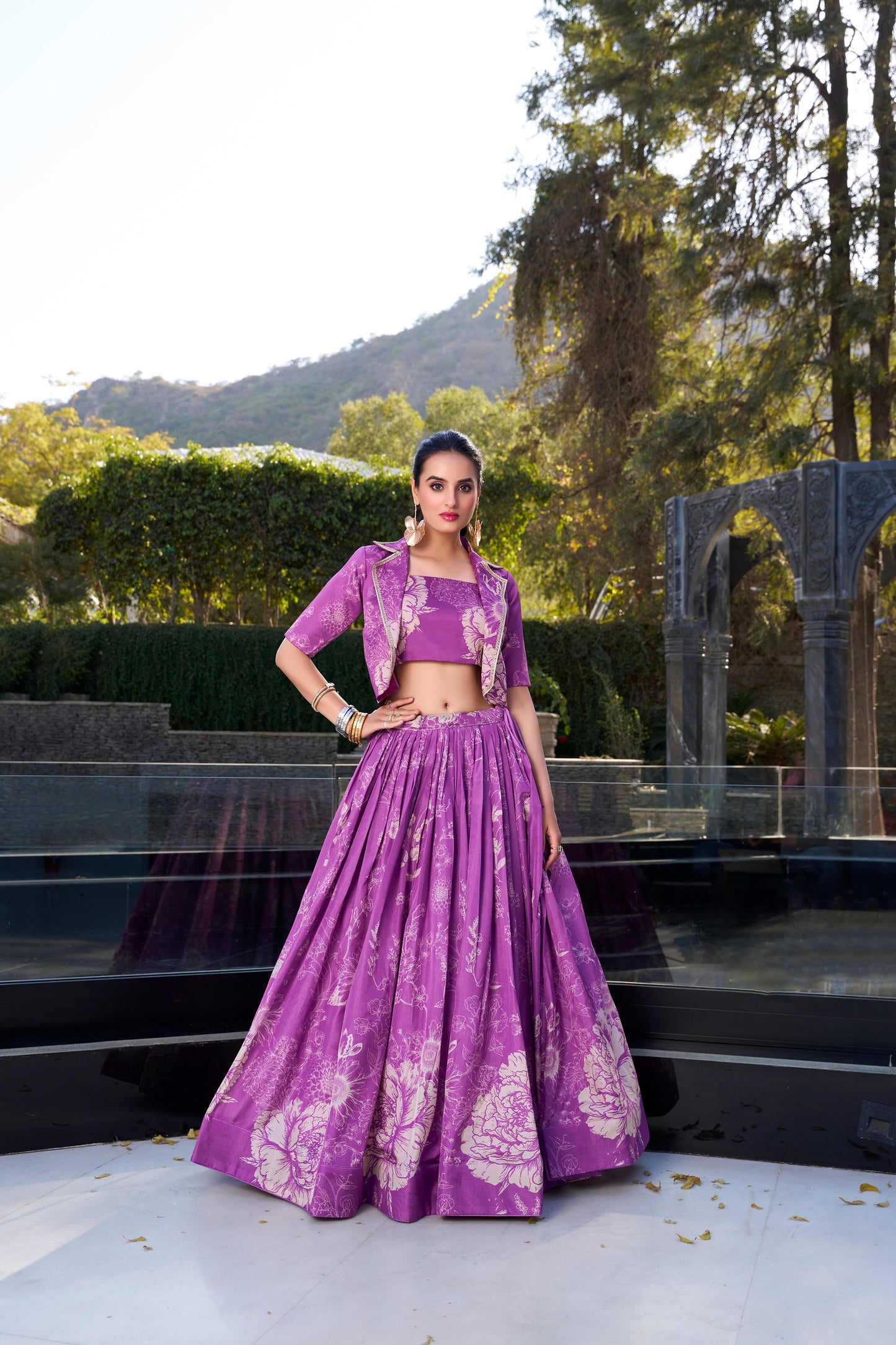 Lorenvalley Purple Tussar Silk Floral Print Lehenga Choli with Koti | Swadesiicart