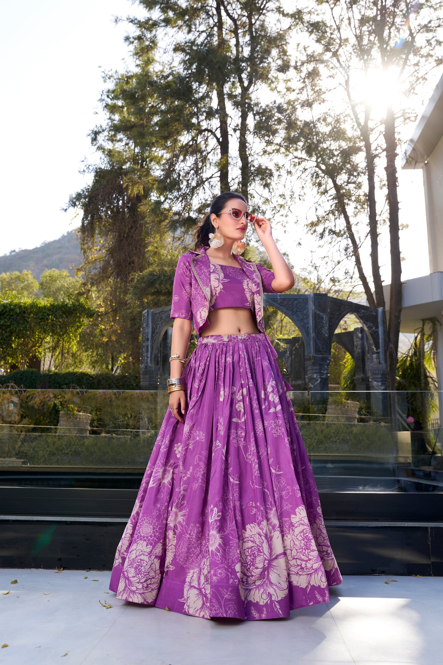 Lorenvalley Purple Tussar Silk Floral Print Lehenga Choli with Koti | Swadesiicart