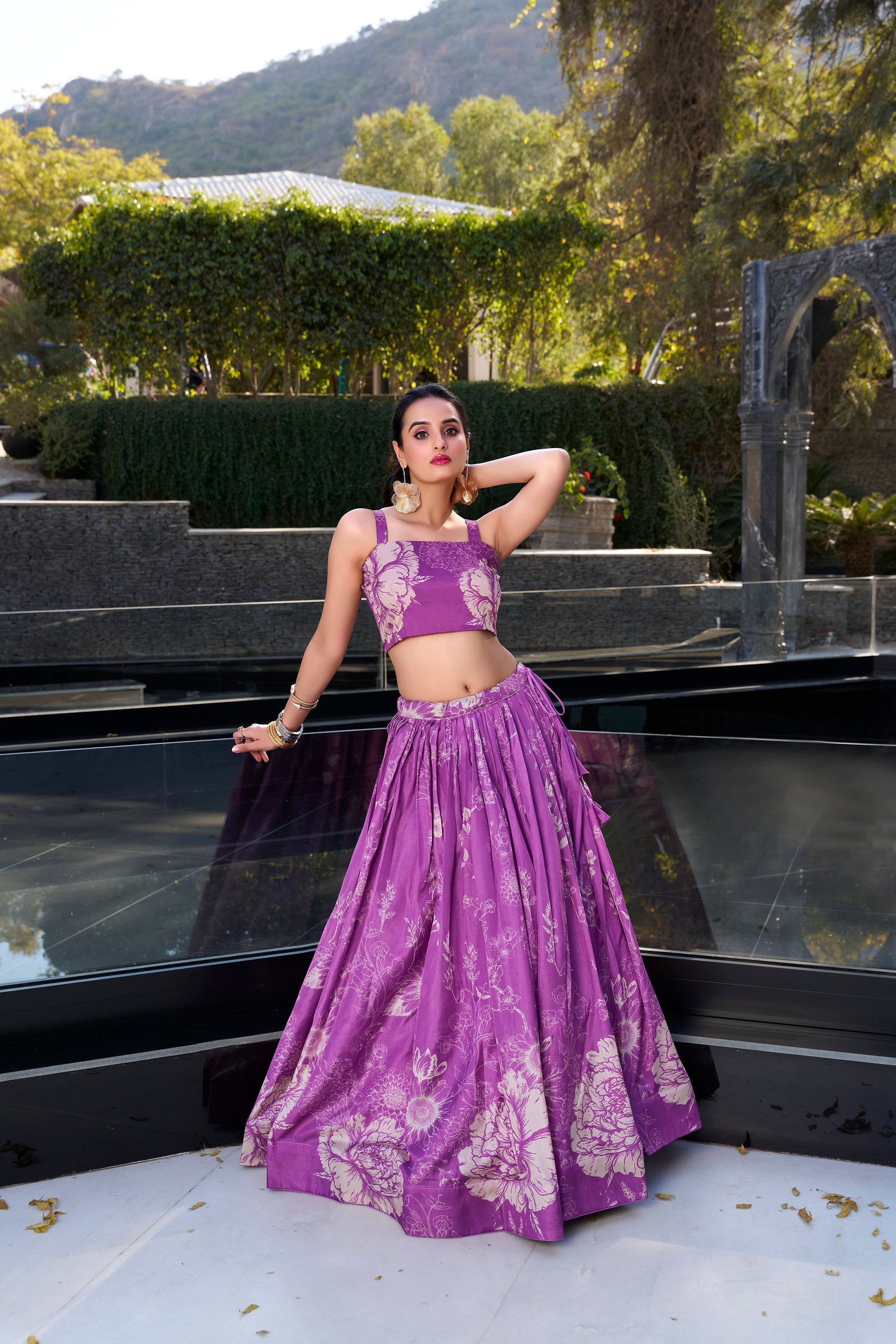 Lorenvalley Purple Tussar Silk Floral Print Lehenga Choli with Koti | Swadesiicart