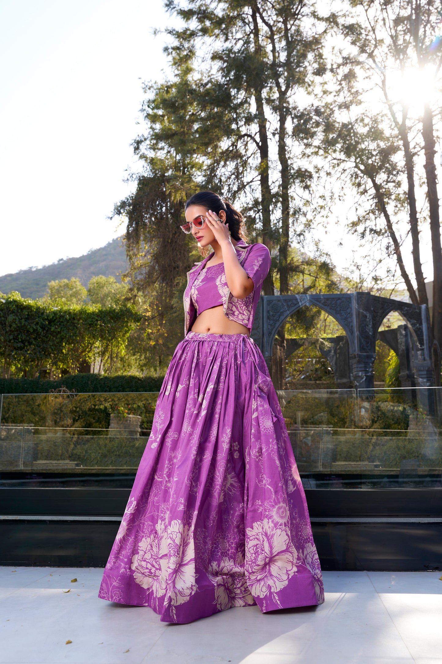 Lorenvalley Purple Tussar Silk Floral Print Lehenga Choli with Koti | Swadesiicart