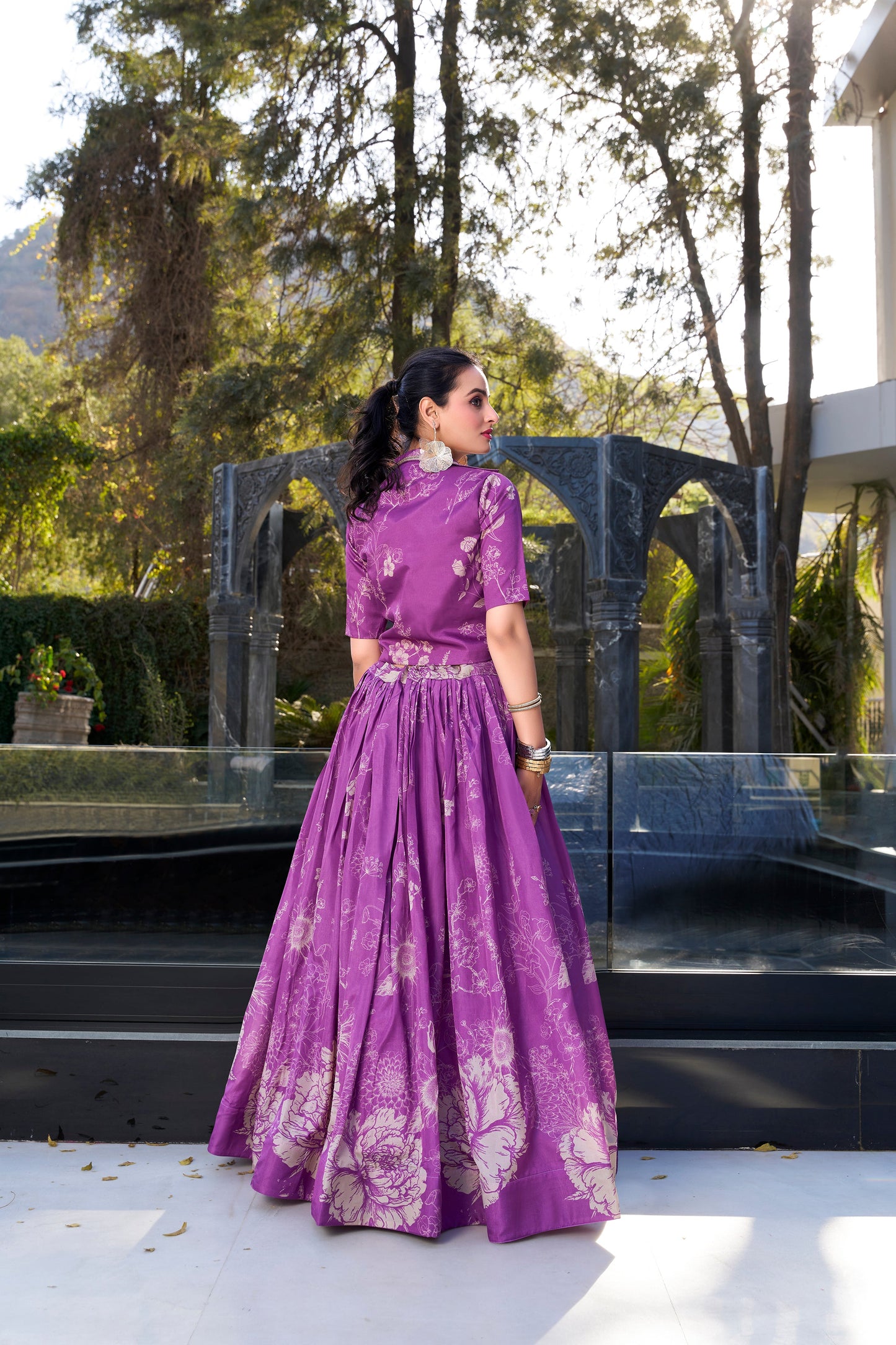 Lorenvalley Purple Tussar Silk Floral Print Lehenga Choli with Koti | Swadesiicart