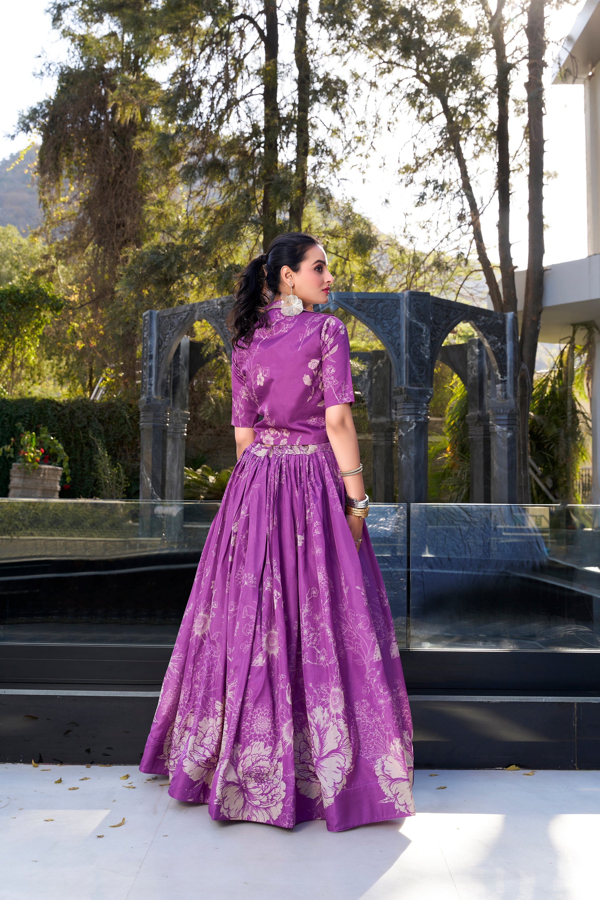 Lorenvalley Purple Tussar Silk Floral Print Lehenga Choli with Koti | Swadesiicart
