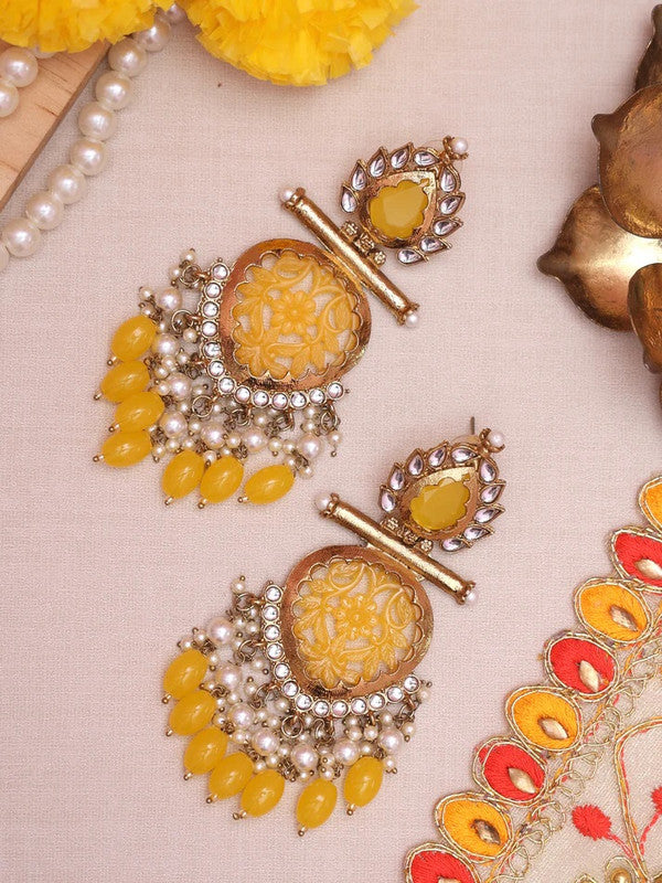 Tehzeeb Creations Latest Gold Polish Kundan & Pearl Studded Designer Drop Long Earrings For Women And Girls Yellow | Swadesiicart