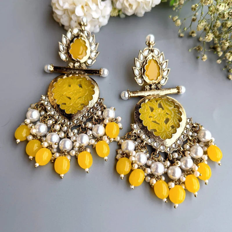 Tehzeeb Creations Latest Gold Polish Kundan & Pearl Studded Designer Drop Long Earrings For Women And Girls Yellow | Swadesiicart