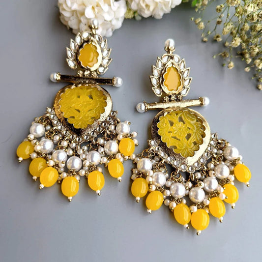 Tehzeeb Creations Latest Gold Polish Kundan & Pearl Studded Designer Drop Long Earrings For Women And Girls Yellow | Swadesiicart