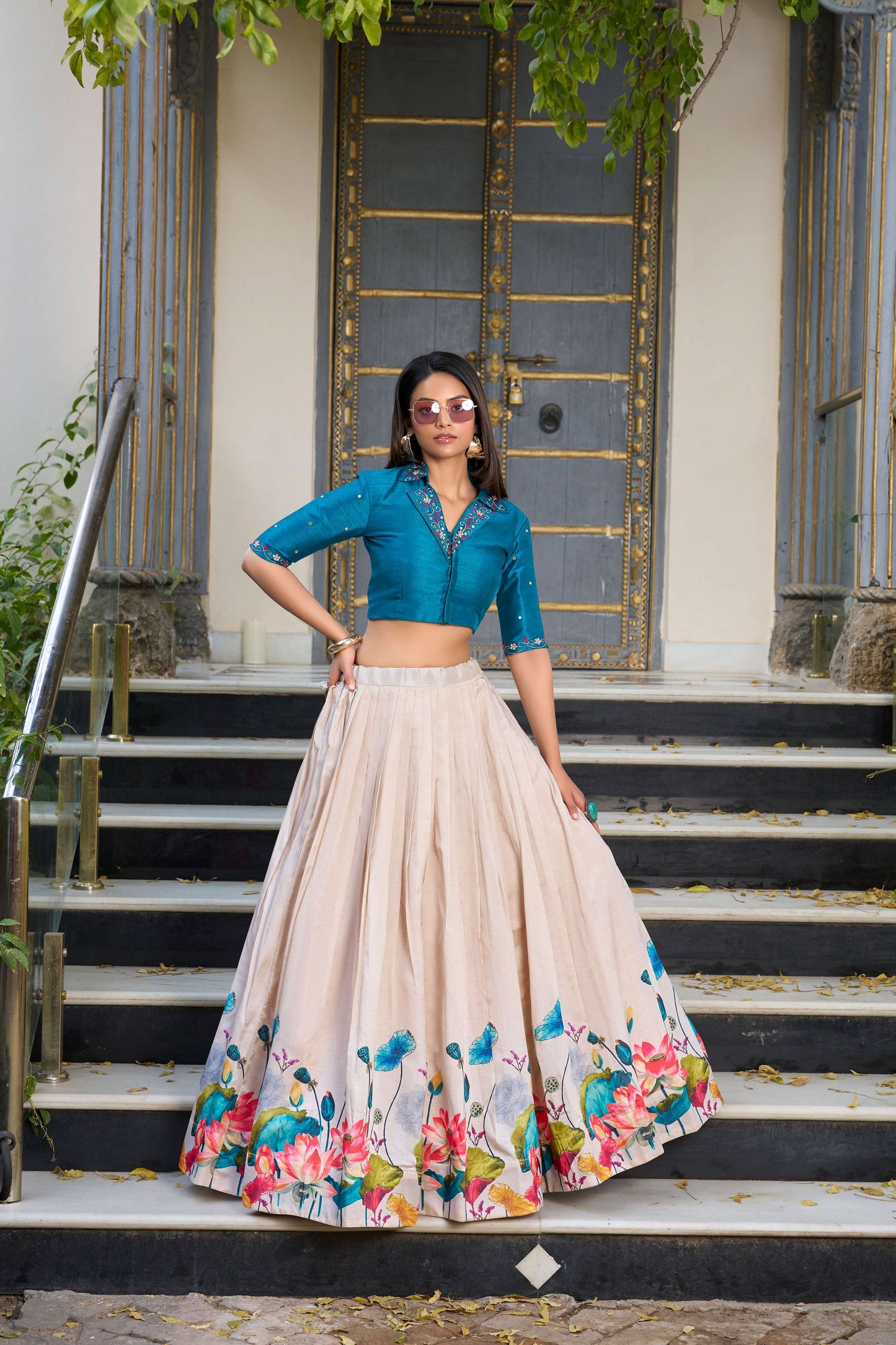 Lorenvalley Fashion Offwhite Tussar Silk Floral Print Lehenga Choli - Swadesiicart
