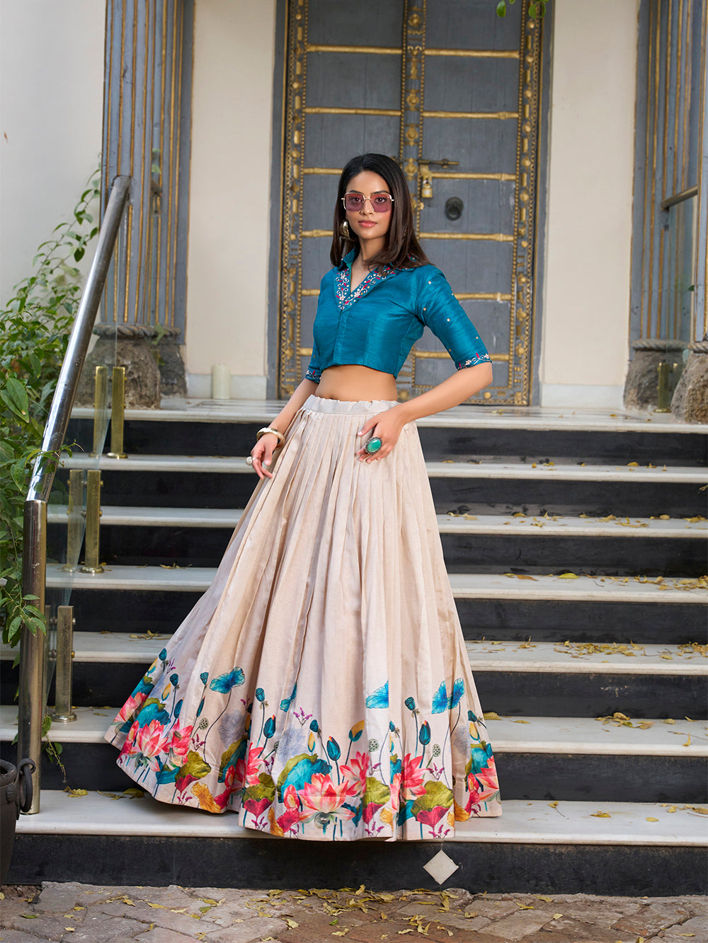 Lorenvalley Fashion Offwhite Tussar Silk Floral Print Lehenga Choli - Swadesiicart