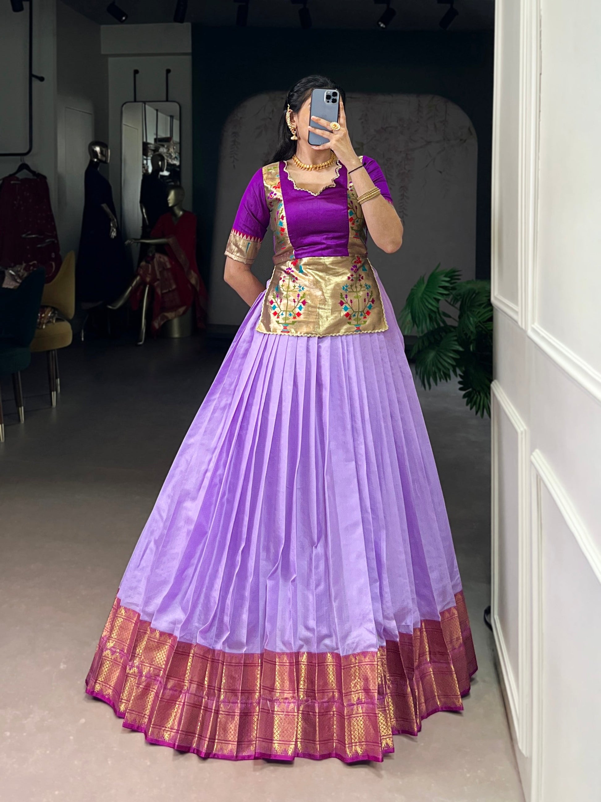 Lorenvalley Fashion Lavender Cotton Silk Zari Weaving Work Lehenga Choli - Swadesiicart