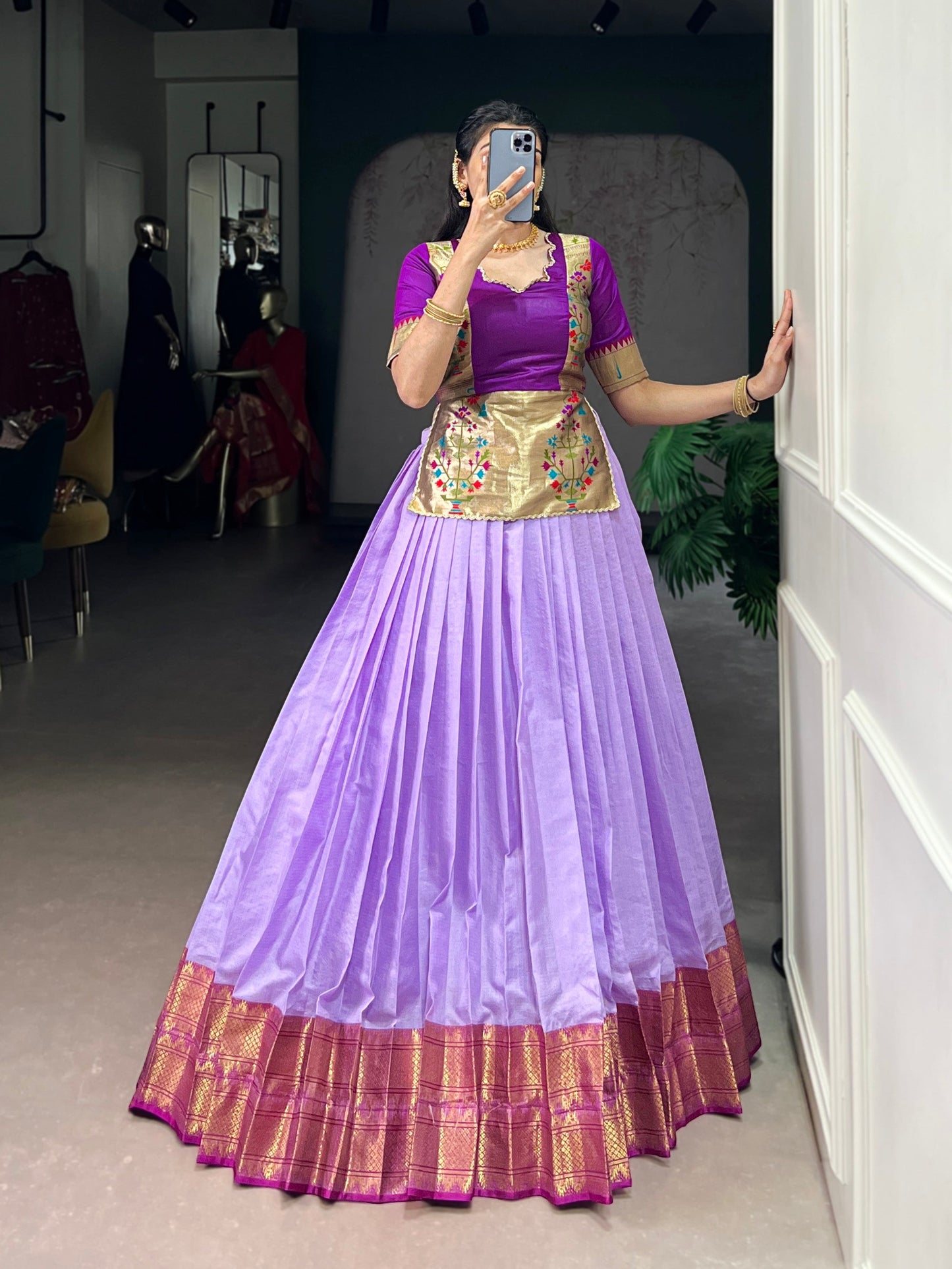 Lorenvalley Fashion Lavender Cotton Silk Zari Weaving Work Lehenga Choli - Swadesiicart