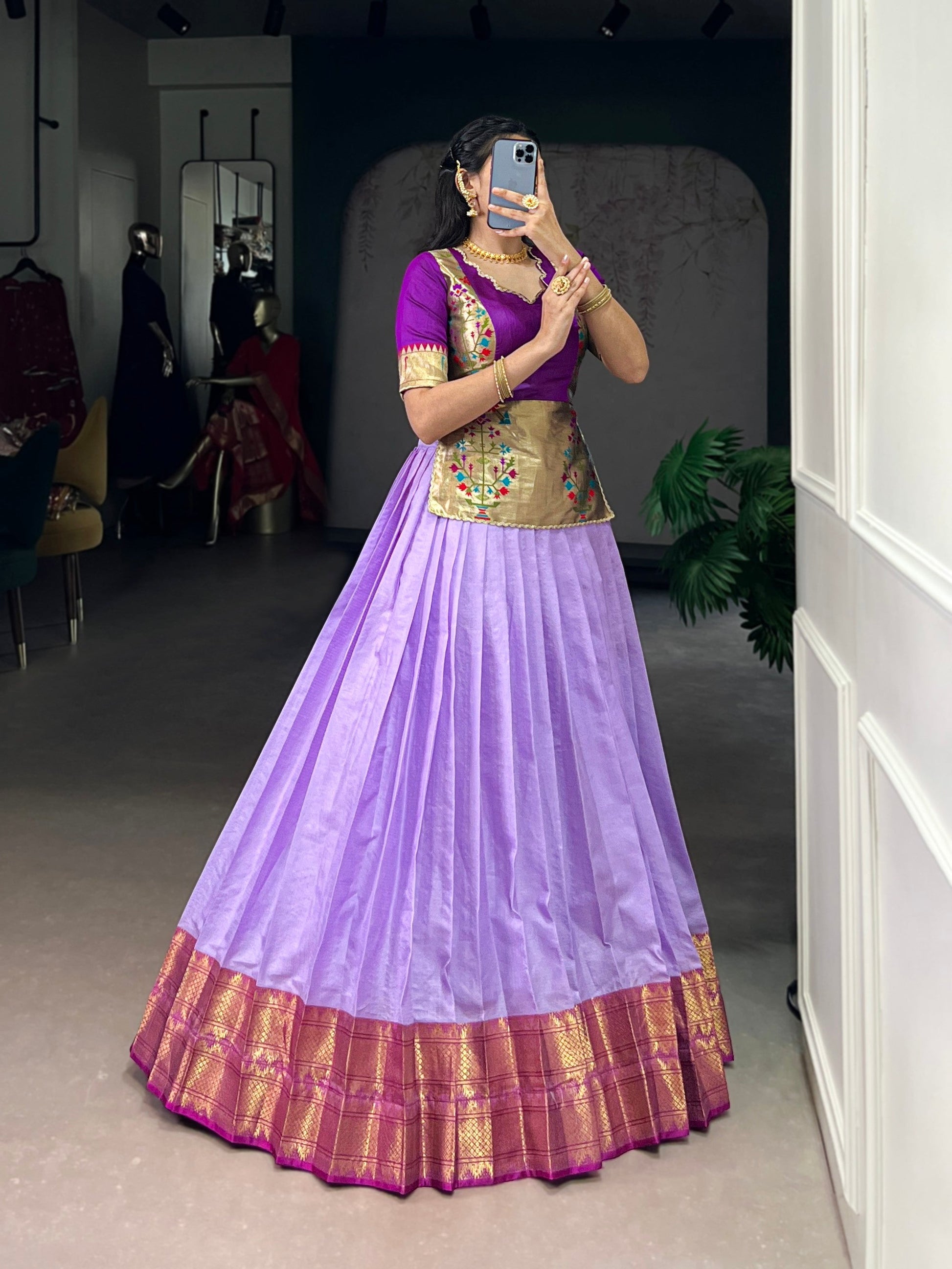 Lorenvalley Fashion Lavender Cotton Silk Zari Weaving Work Lehenga Choli - Swadesiicart