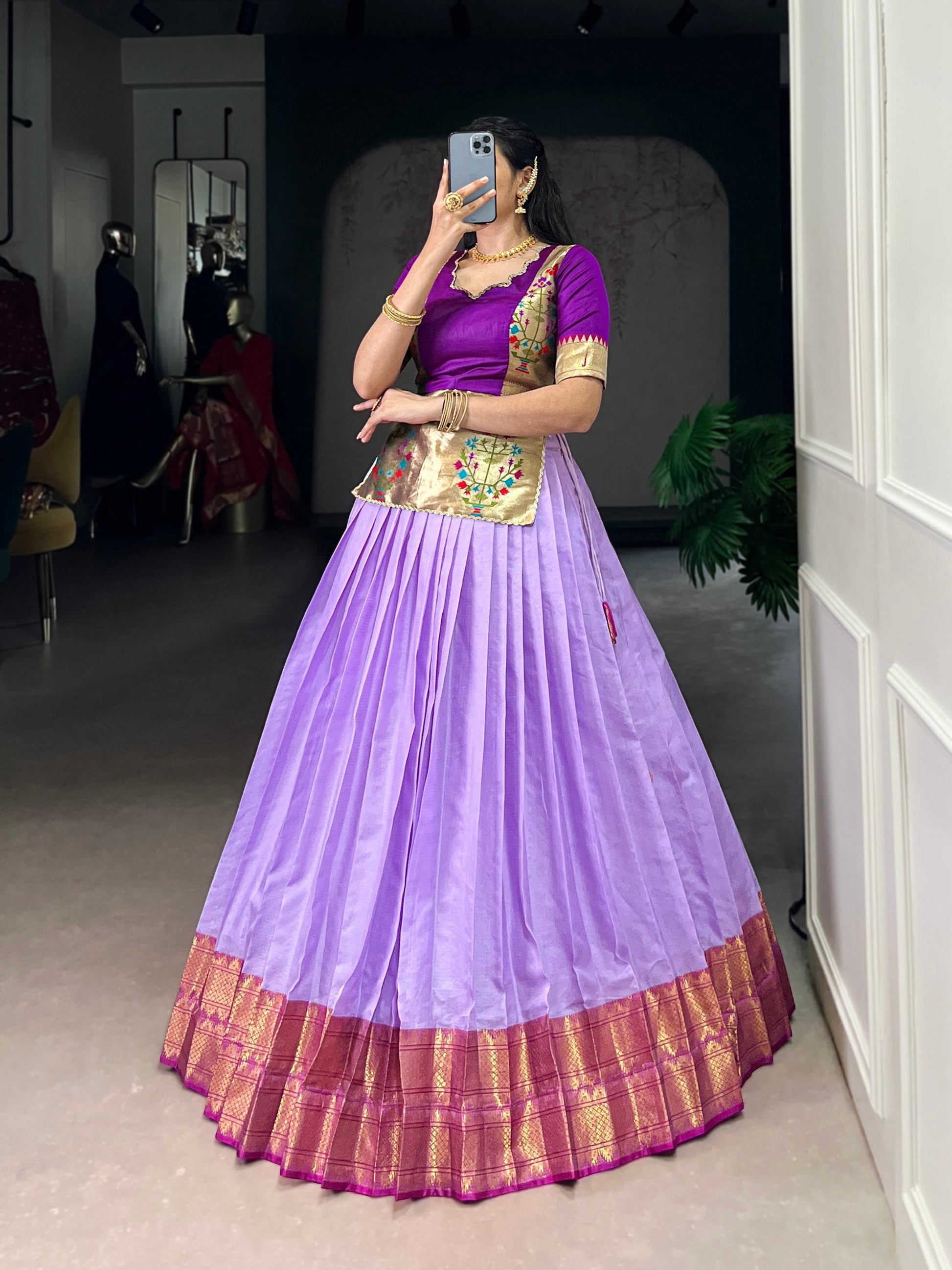 Lorenvalley Fashion Lavender Cotton Silk Zari Weaving Work Lehenga Choli - Swadesiicart