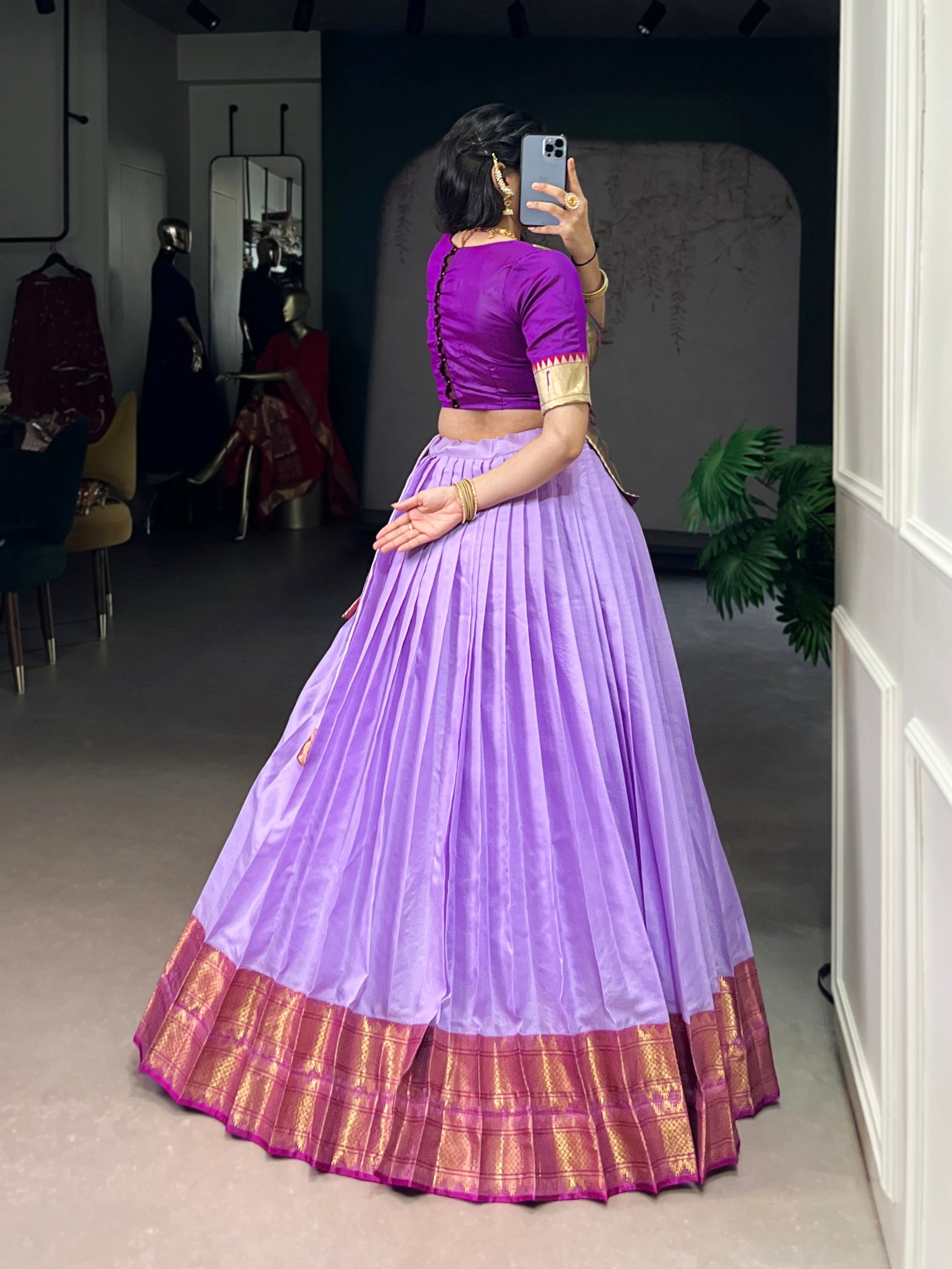 Lorenvalley Fashion Lavender Cotton Silk Zari Weaving Work Lehenga Choli - Swadesiicart