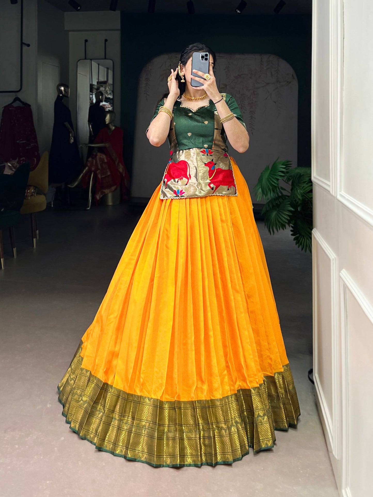 Lorenvalley Fashion Mustard Cotton Silk Zari Weaving Work Lehenga Choli - Swadesiicart