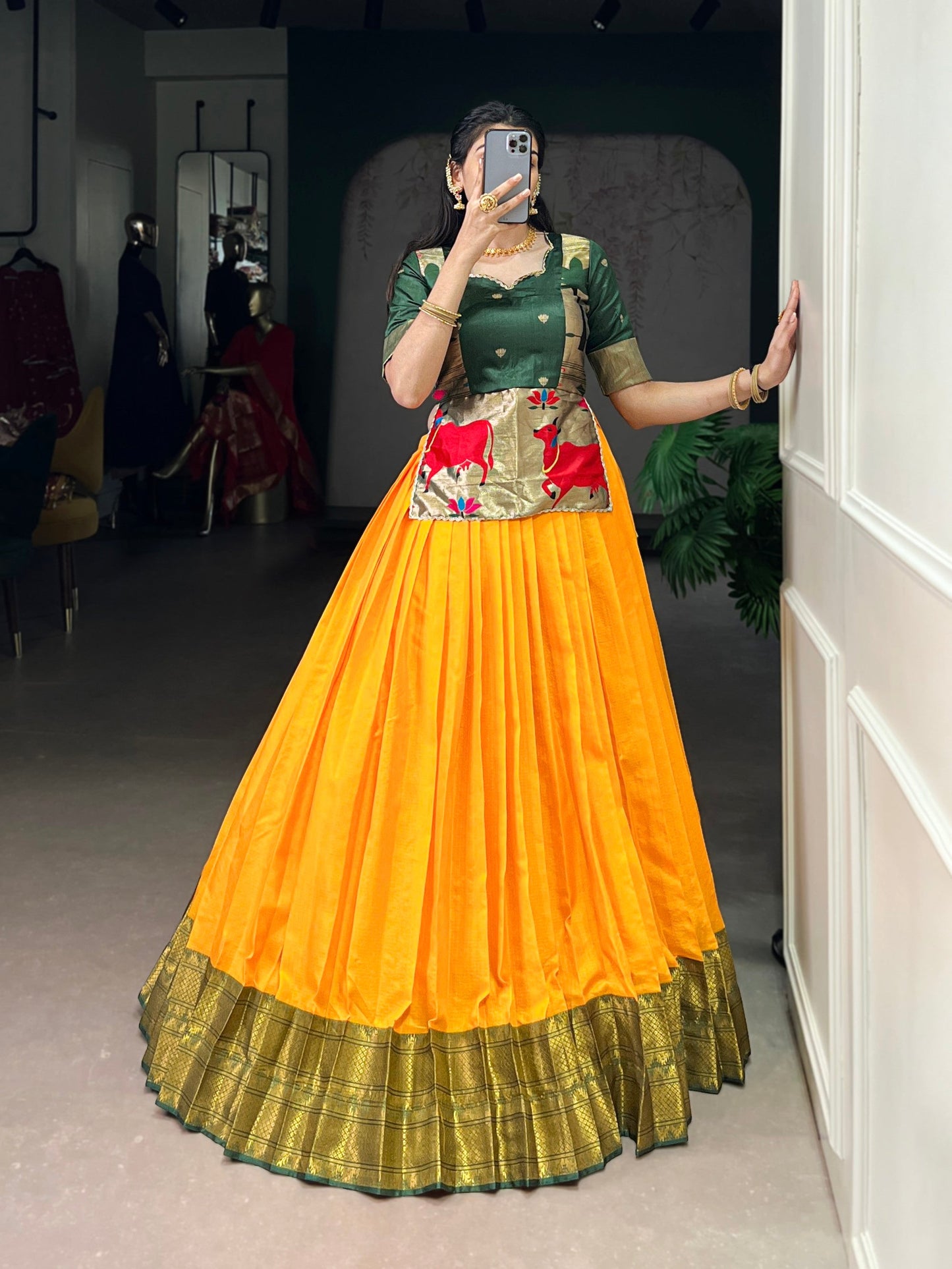 Lorenvalley Fashion Mustard Cotton Silk Zari Weaving Work Lehenga Choli - Swadesiicart