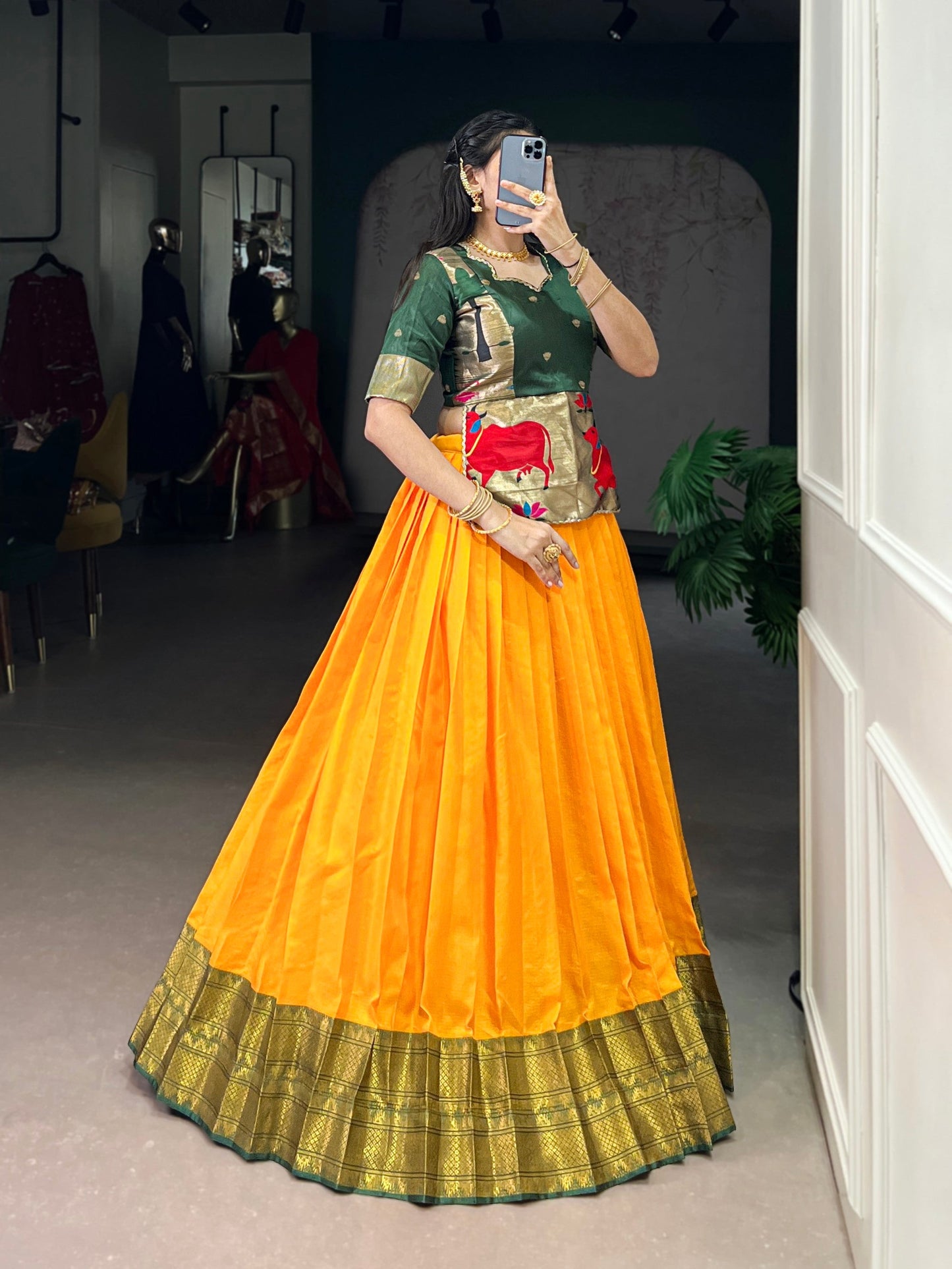 Lorenvalley Fashion Mustard Cotton Silk Zari Weaving Work Lehenga Choli - Swadesiicart