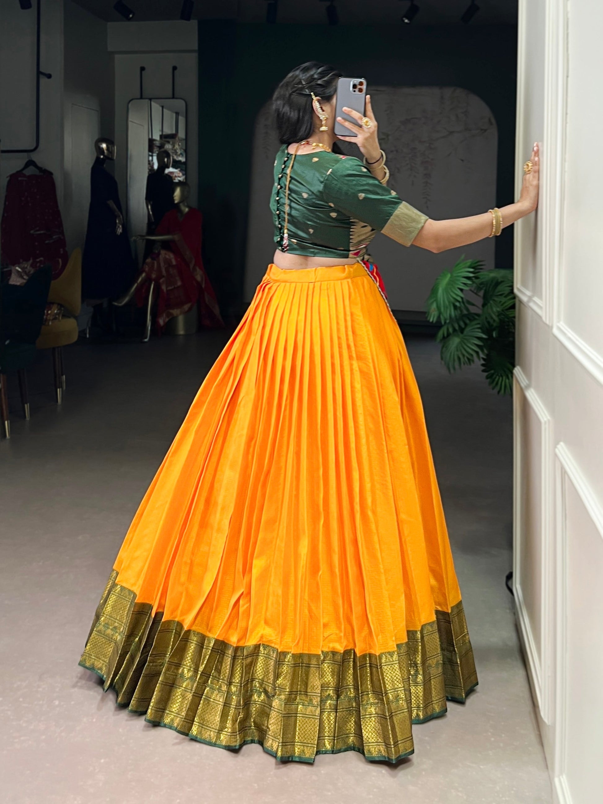Lorenvalley Fashion Mustard Cotton Silk Zari Weaving Work Lehenga Choli - Swadesiicart