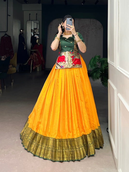 Lorenvalley Fashion Mustard Cotton Silk Zari Weaving Work Lehenga Choli - Swadesiicart