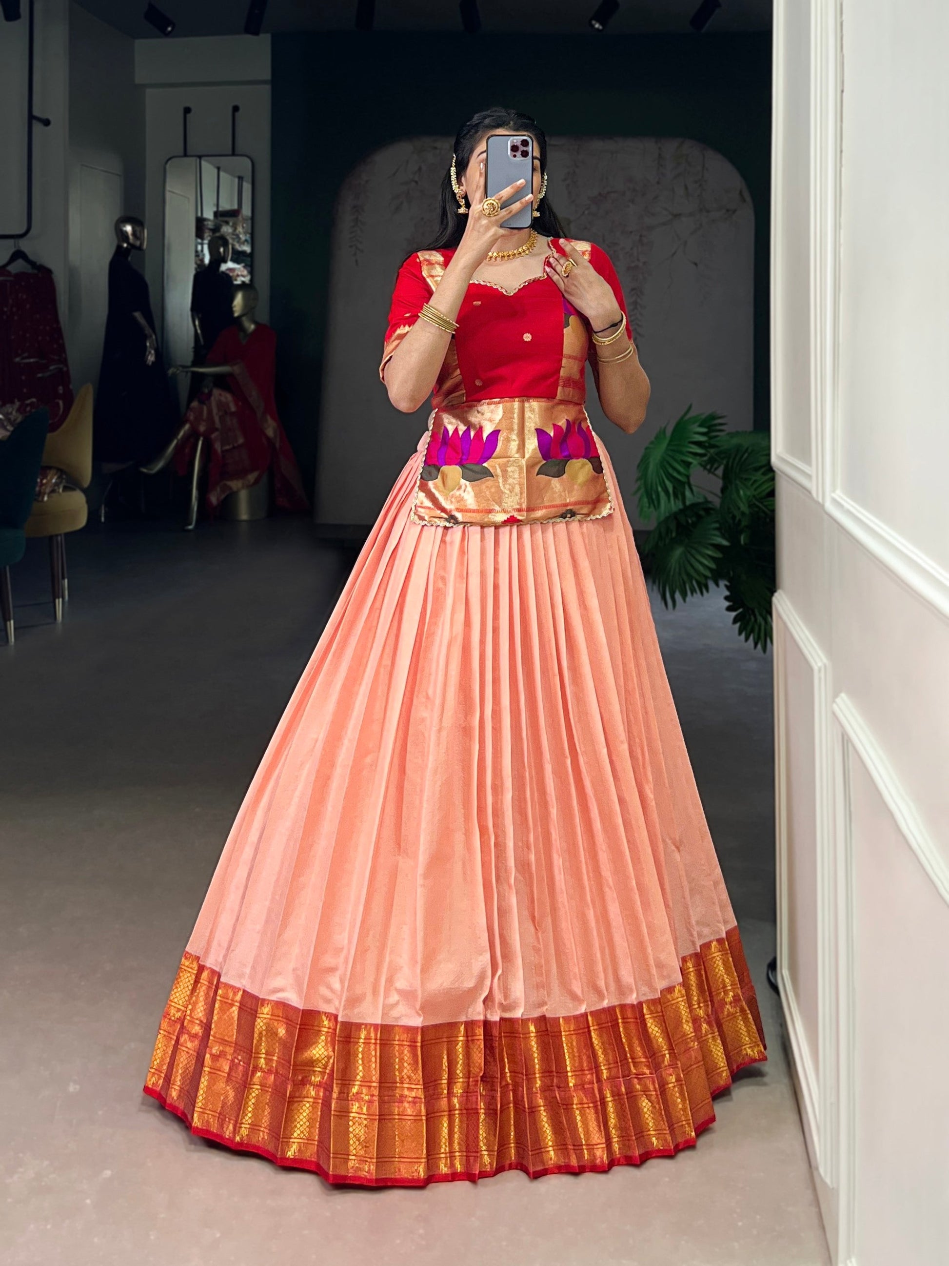 Lorenvalley Fashion Peach Cotton Silk Zari Weaving Work Lehenga Choli - Swadesiicart