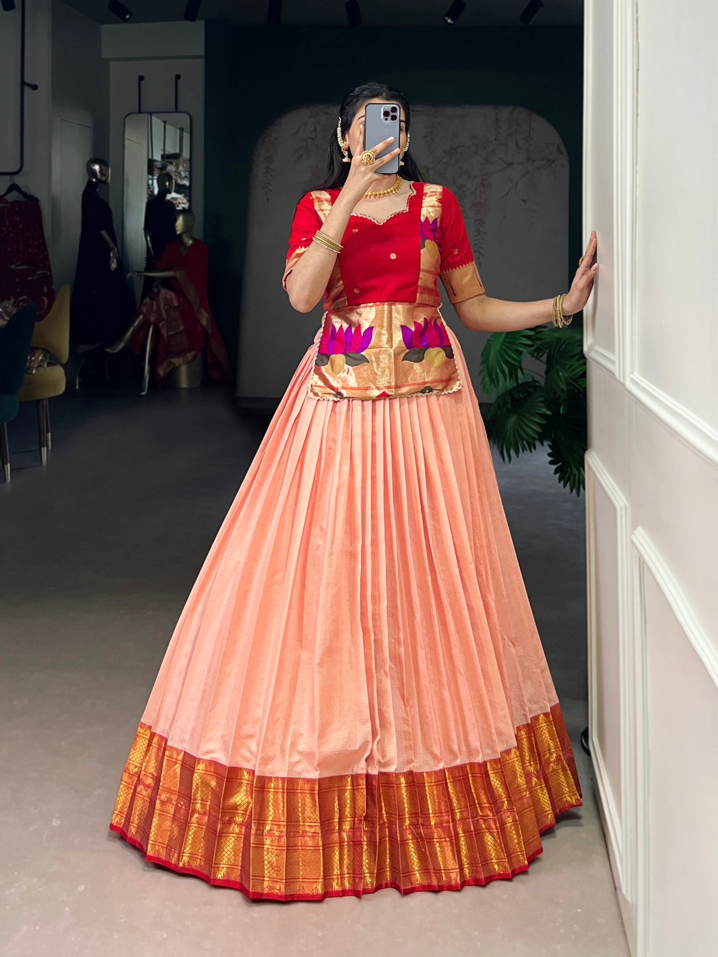 Lorenvalley Fashion Peach Cotton Silk Zari Weaving Work Lehenga Choli - Swadesiicart