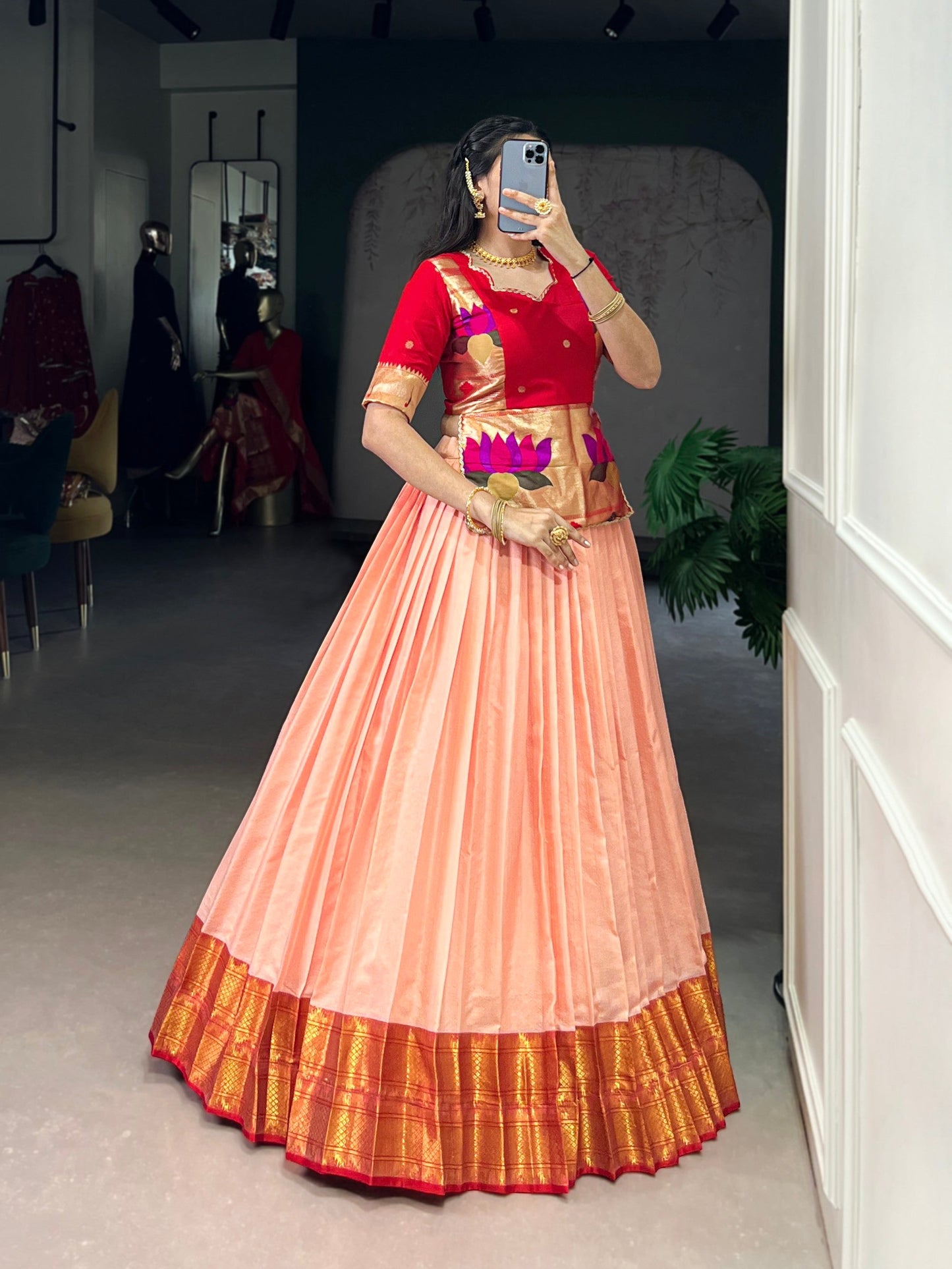 Lorenvalley Fashion Peach Cotton Silk Zari Weaving Work Lehenga Choli - Swadesiicart