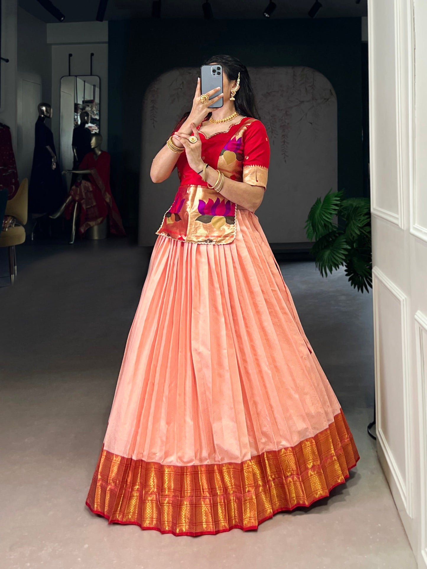 Lorenvalley Fashion Peach Cotton Silk Zari Weaving Work Lehenga Choli - Swadesiicart
