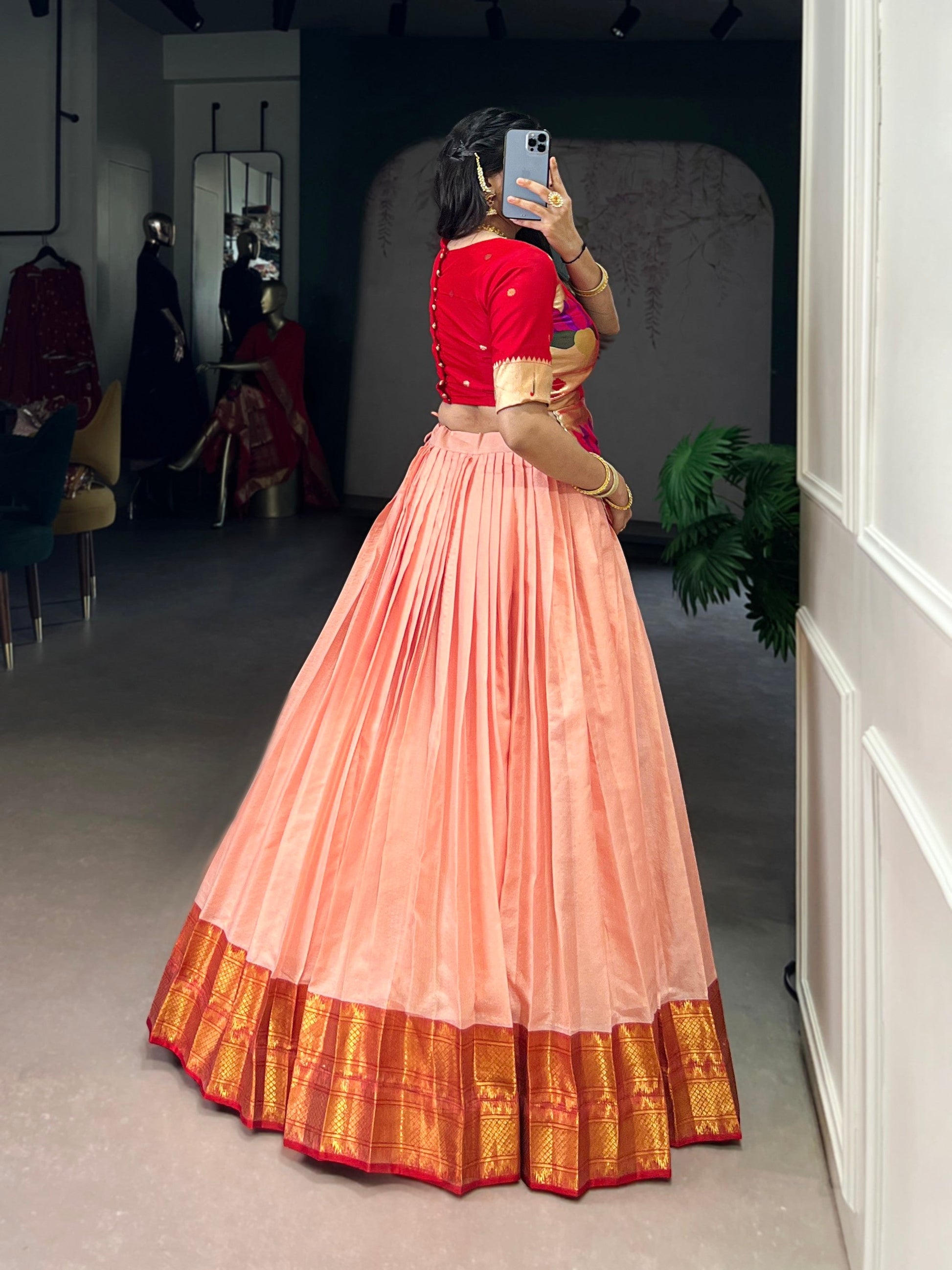 Lorenvalley Fashion Peach Cotton Silk Zari Weaving Work Lehenga Choli - Swadesiicart