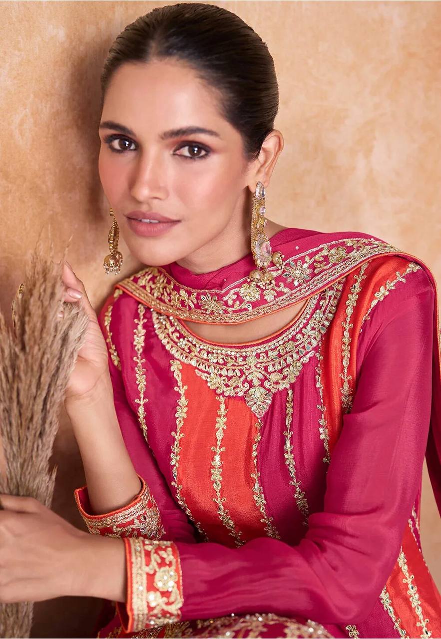 Lorenvalley Multicolor Chinon Embroidery With Sequince Work Salwar Kameez Stitched | Swadesiicart