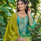 Anaita Sea Green Chinon Stitched Plazzo Suit With Digital Printed & Hand Work