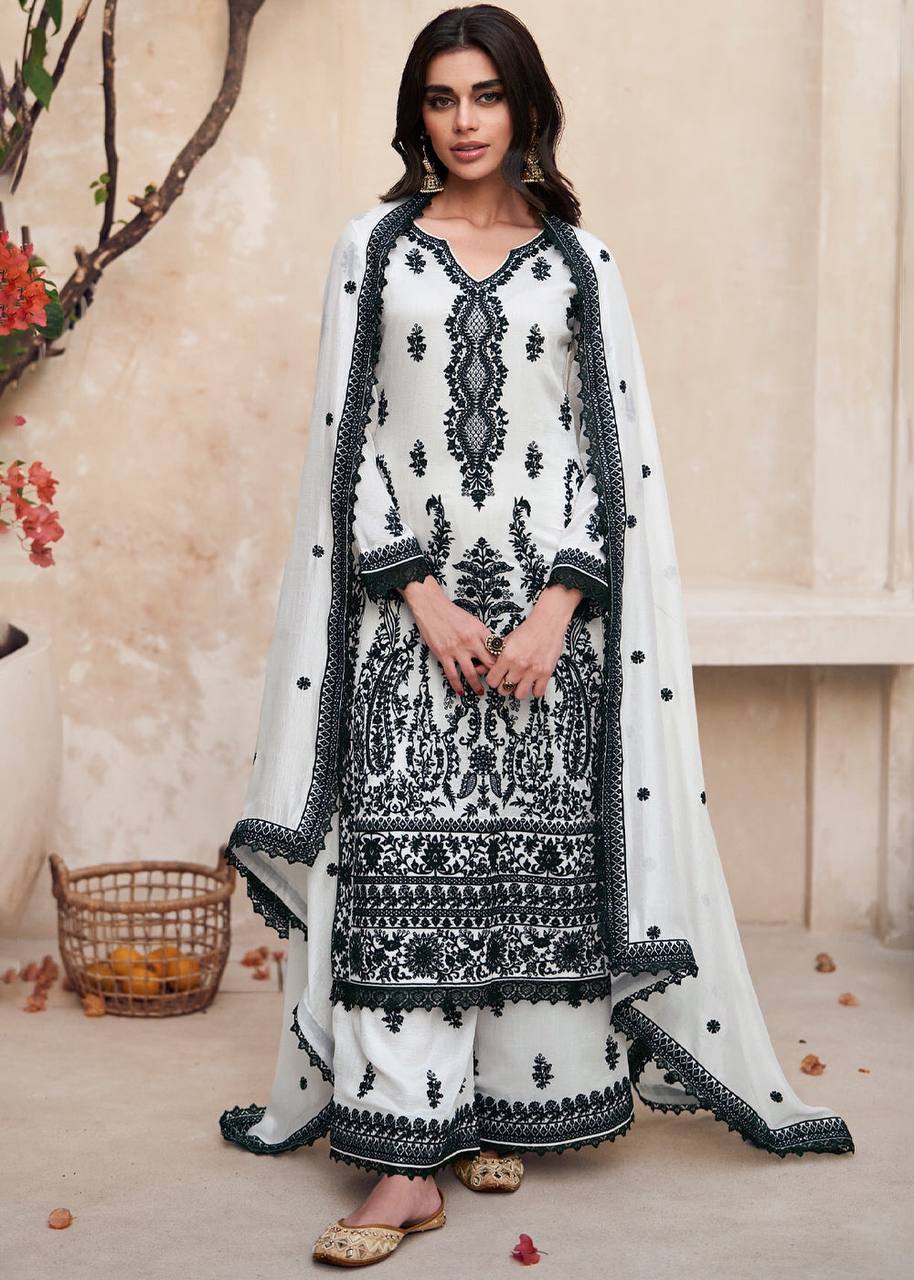 Lorenvalley White Chinon Embroidery With Sequince Work Salwar Kameez Stitched | Swadesiicart