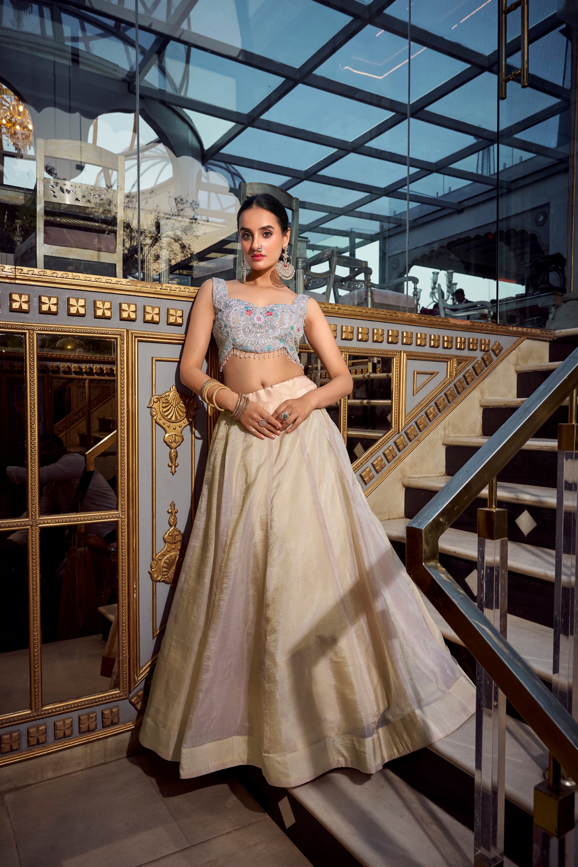 Lorenvalley Cream Gold Crush Fabric Plain Lehenga with Sequins and Thread Embroidery with Jarkan Diamond Work Choli and Dupatta | Swadesiicart
