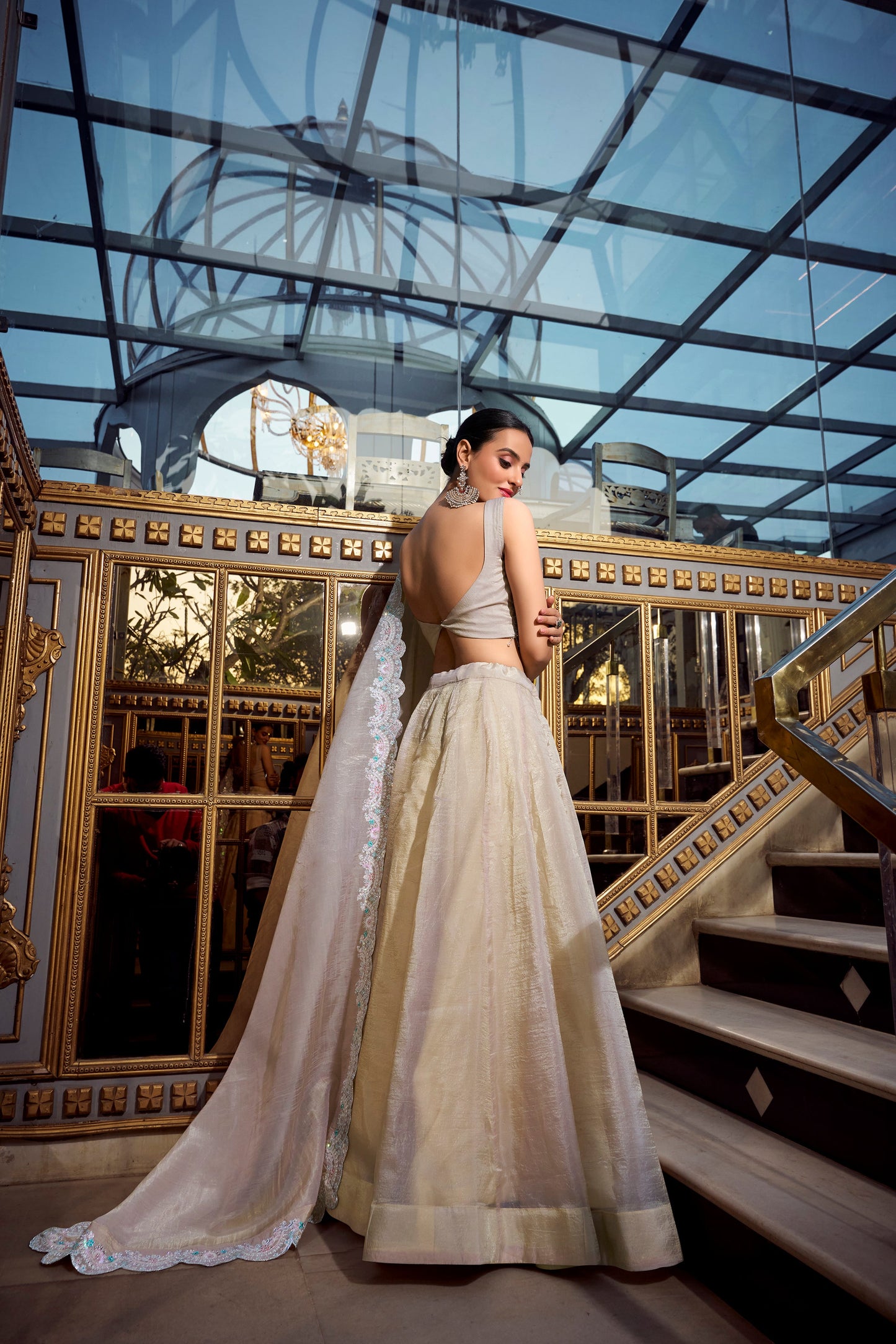 Lorenvalley Cream Gold Crush Fabric Plain Lehenga with Sequins and Thread Embroidery with Jarkan Diamond Work Choli and Dupatta | Swadesiicart