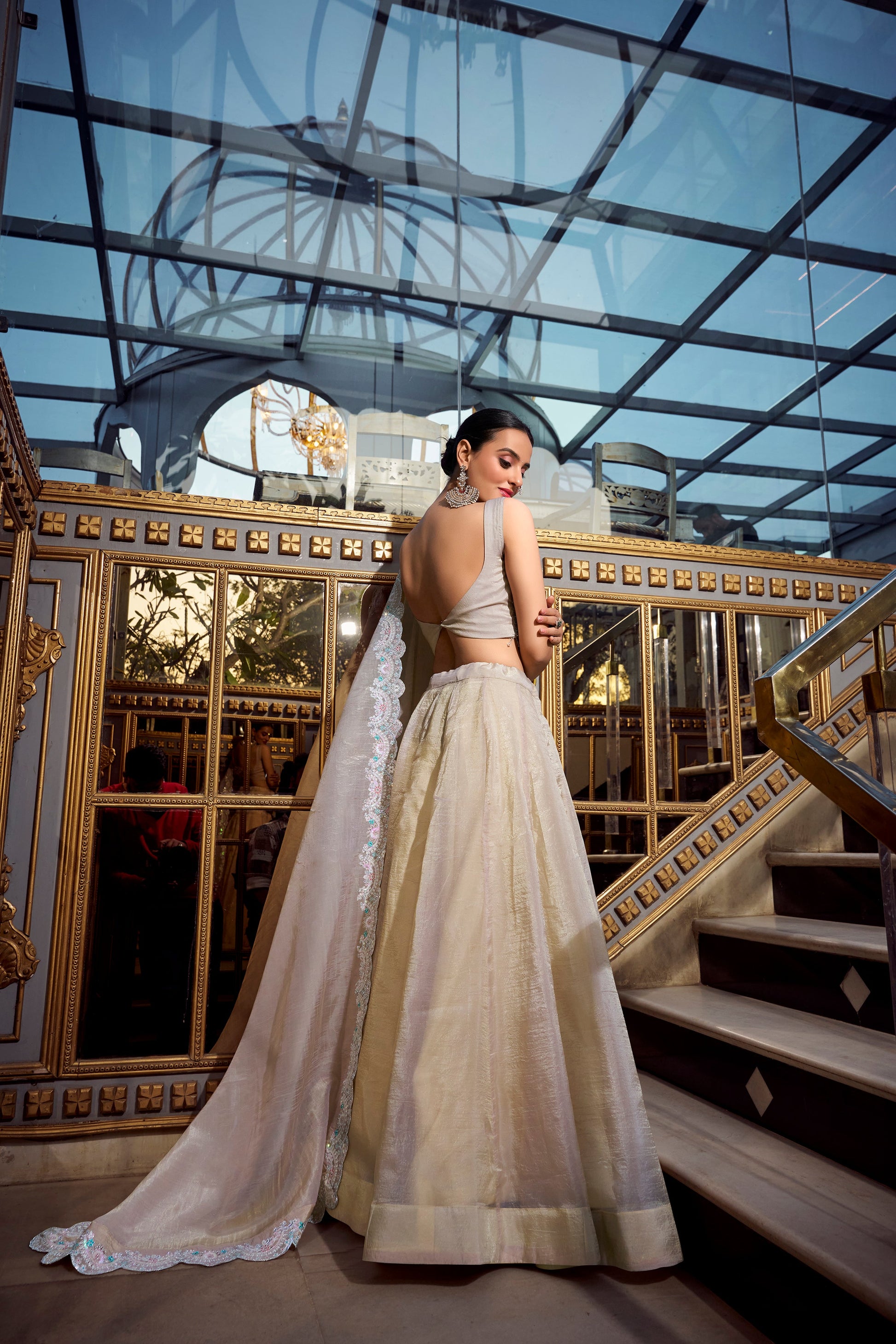Lorenvalley Cream Gold Crush Fabric Plain Lehenga with Sequins and Thread Embroidery with Jarkan Diamond Work Choli and Dupatta | Swadesiicart