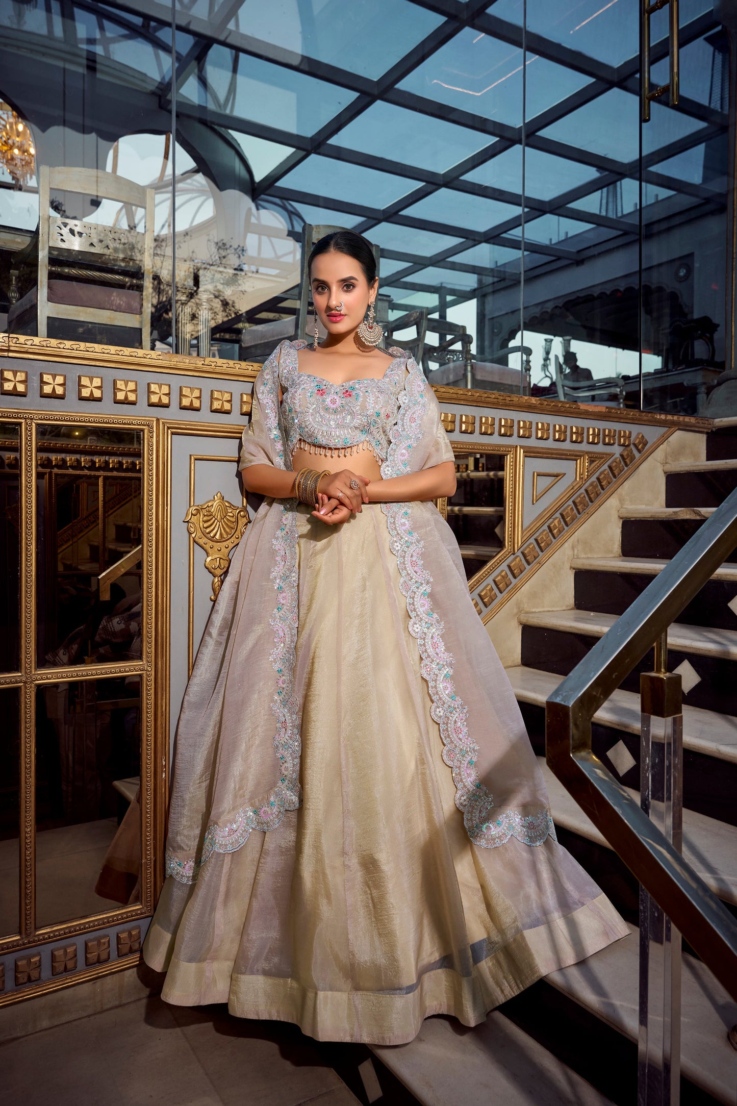 Lorenvalley Cream Gold Crush Fabric Plain Lehenga with Sequins and Thread Embroidery with Jarkan Diamond Work Choli and Dupatta | Swadesiicart