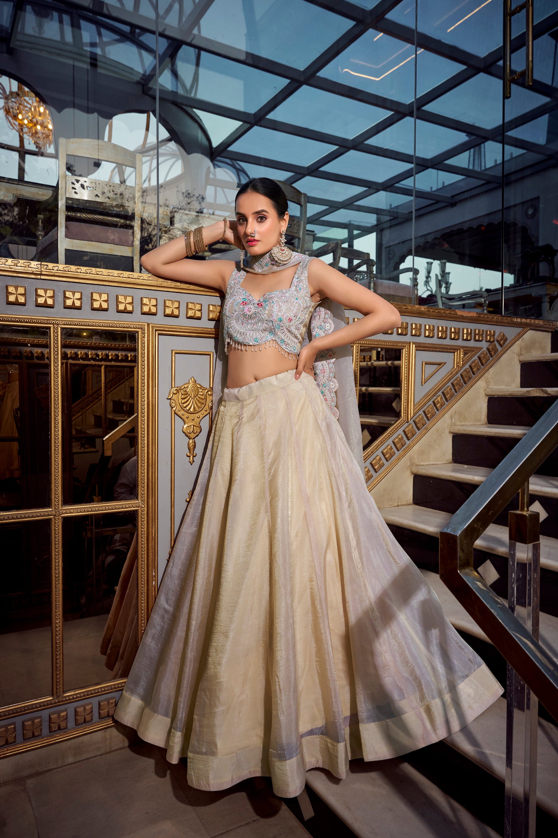 Lorenvalley Cream Gold Crush Fabric Plain Lehenga with Sequins and Thread Embroidery with Jarkan Diamond Work Choli and Dupatta | Swadesiicart